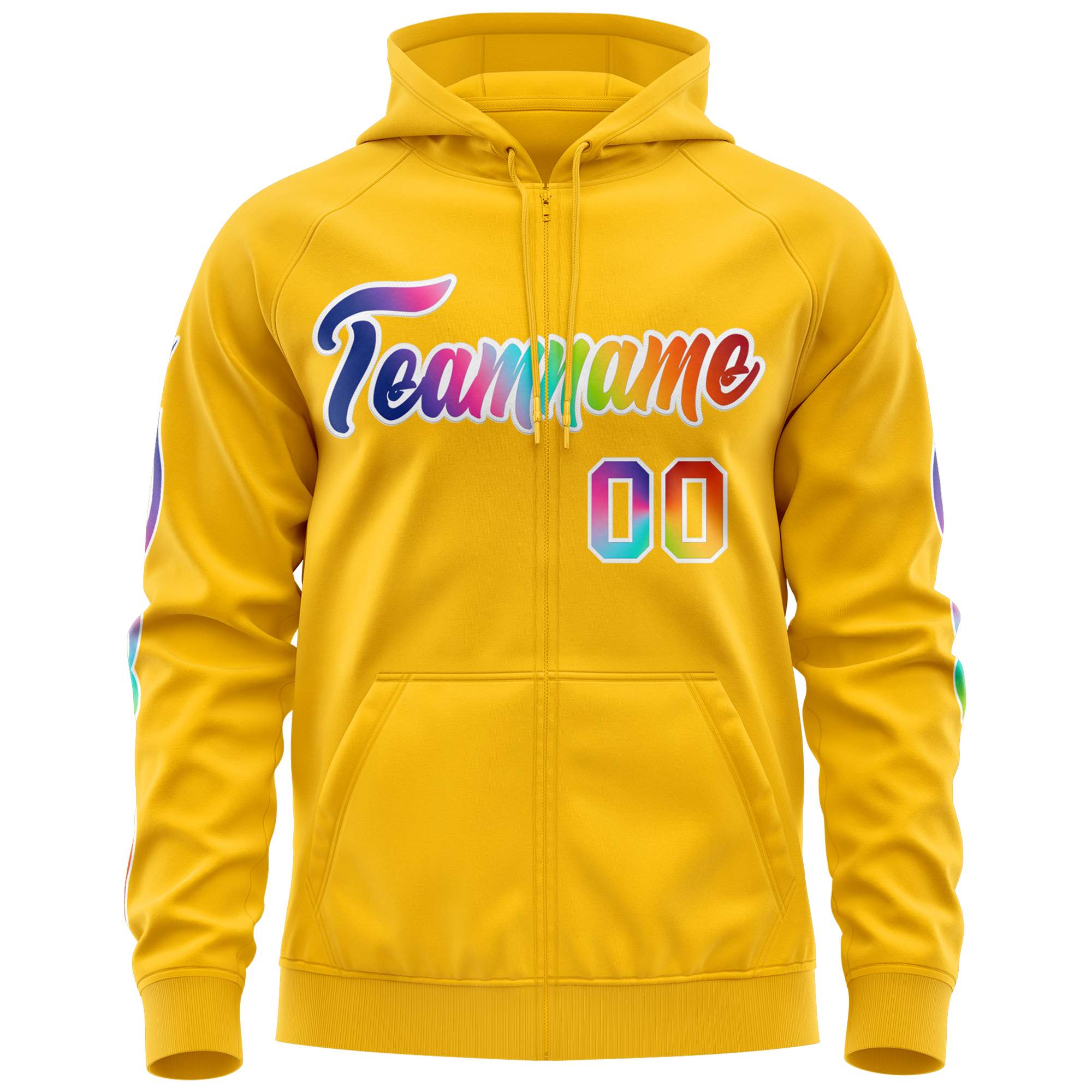 Custom Stitched Gold White Sports Full-Zip Sweatshirt Hoodie with Colored Flames