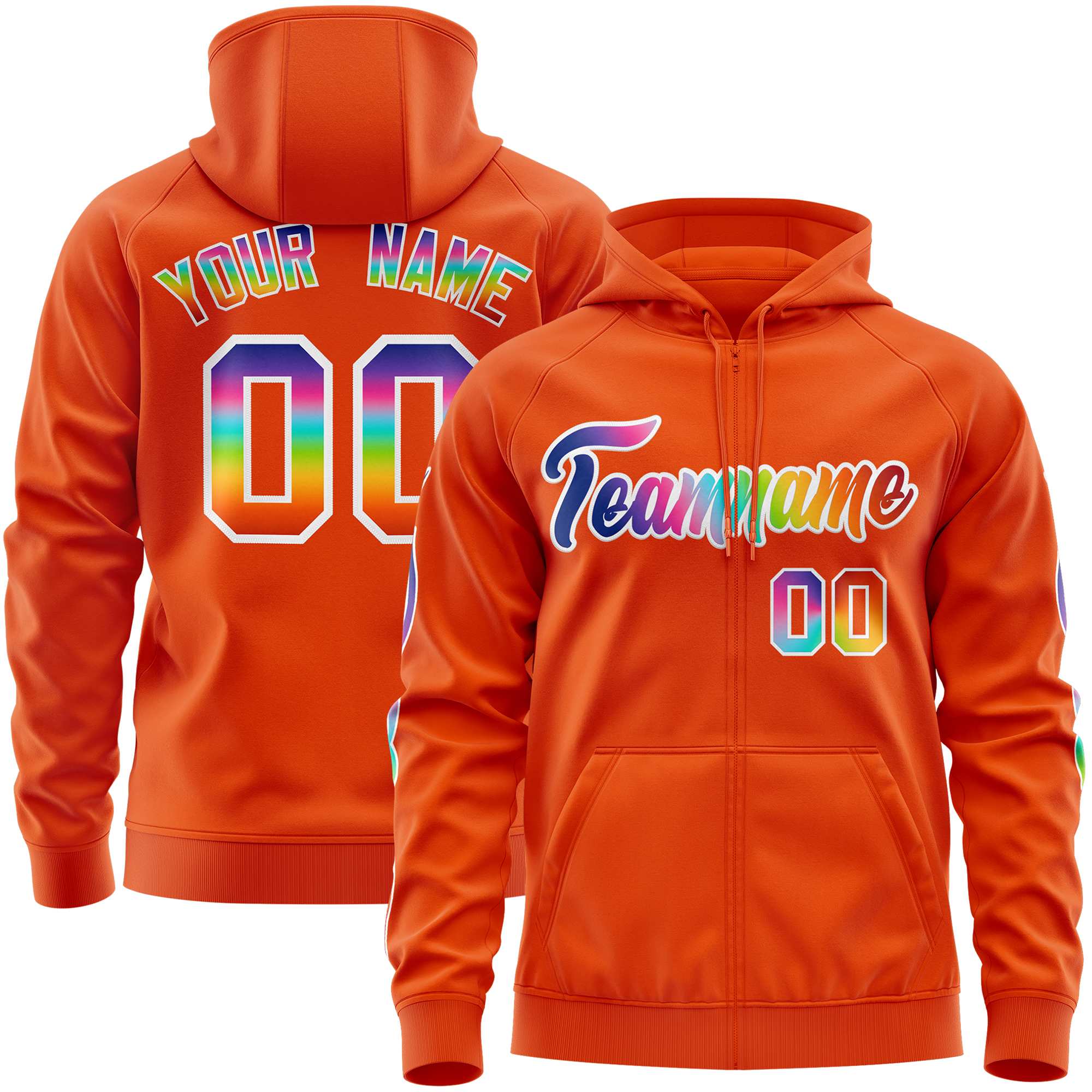 Custom Stitched Orange White Sports Full-Zip Sweatshirt Hoodie with Colored Flames