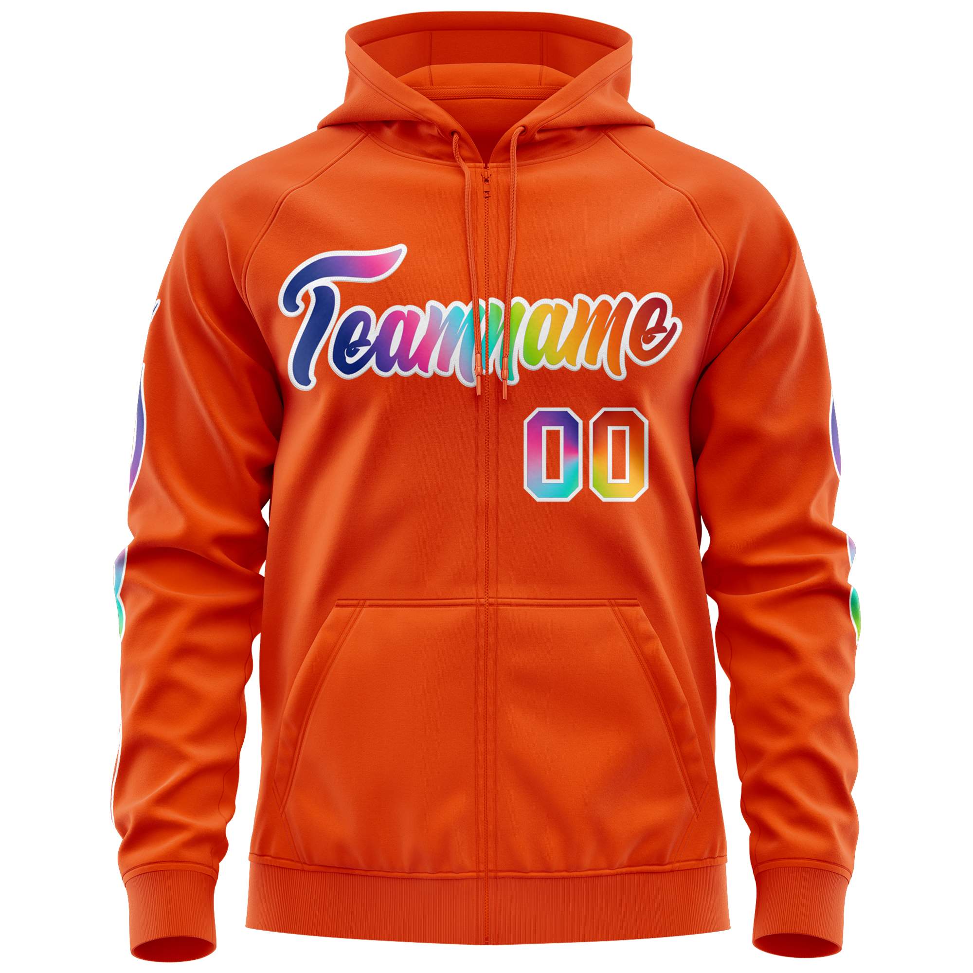 Custom Stitched Orange White Sports Full-Zip Sweatshirt Hoodie with Colored Flames