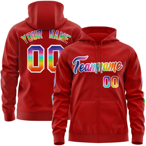 Custom Stitched Red White Sports Full-Zip Sweatshirt Hoodie with Colored Flames