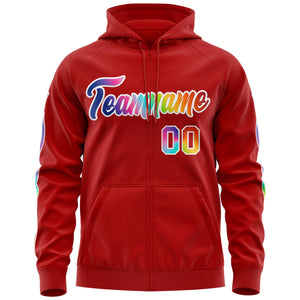 Custom Stitched Red White Sports Full-Zip Sweatshirt Hoodie with Colored Flames