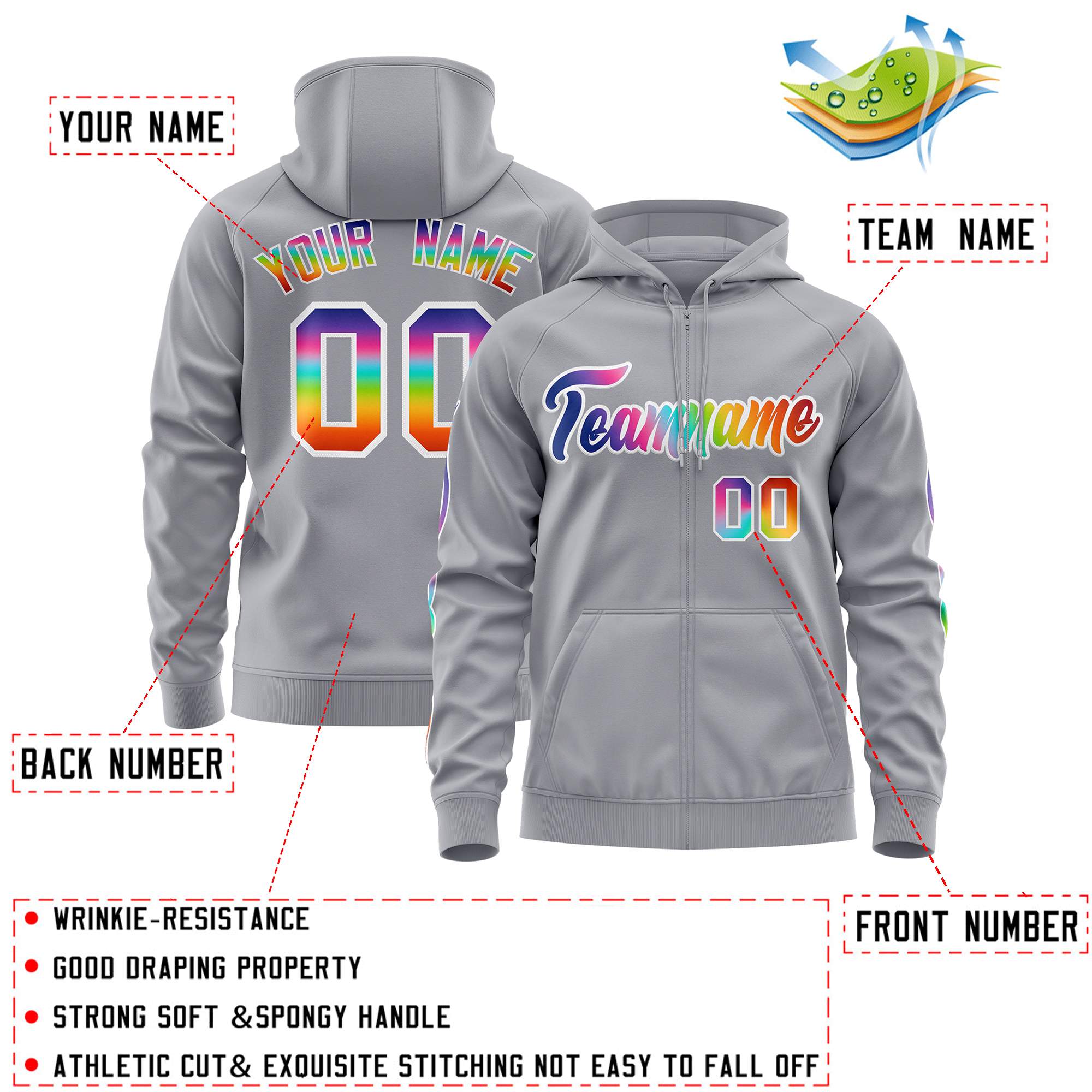 Custom Stitched Gray White Sports Full-Zip Sweatshirt Hoodie with Colored Flames