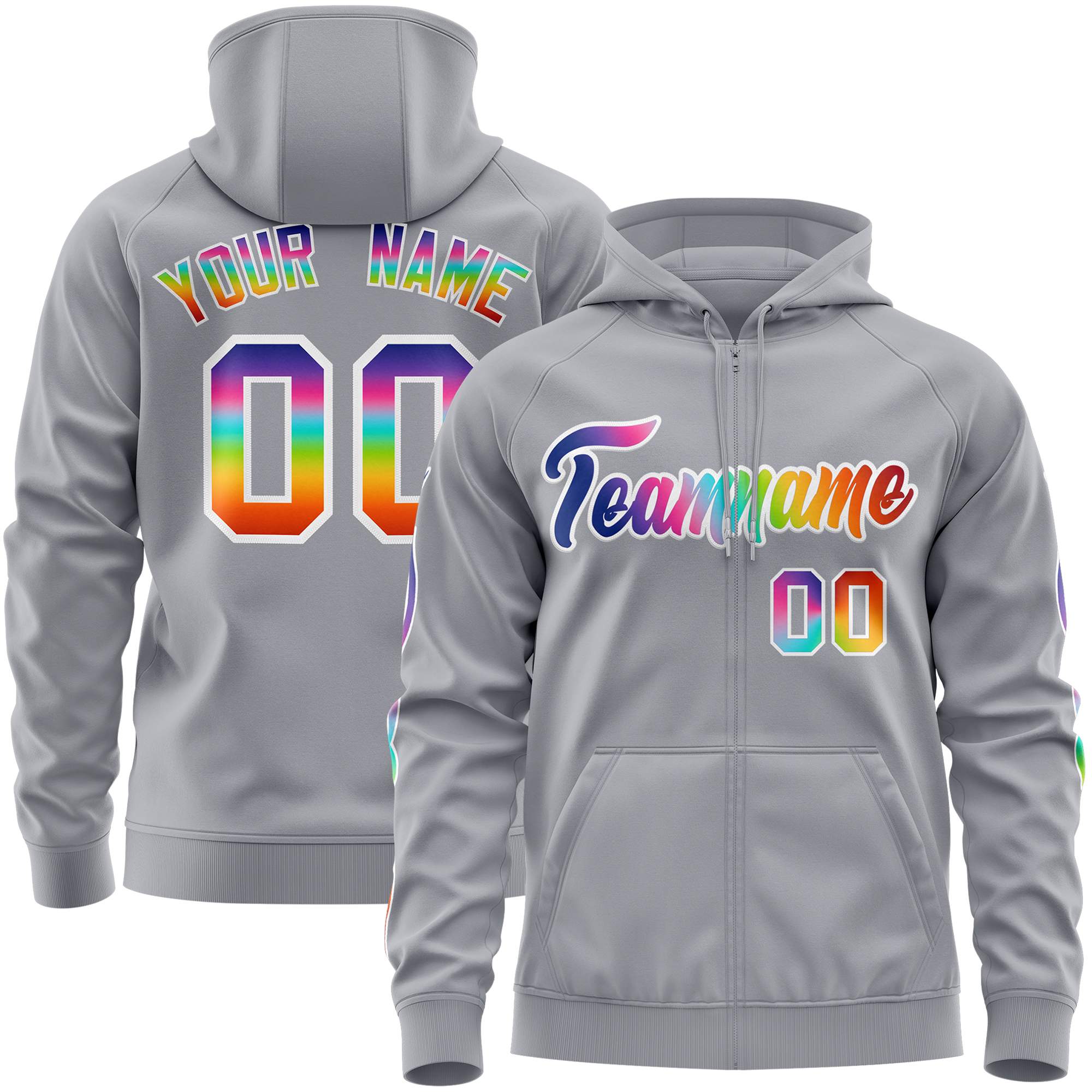 Custom Stitched Gray White Sports Full-Zip Sweatshirt Hoodie with Colored Flames