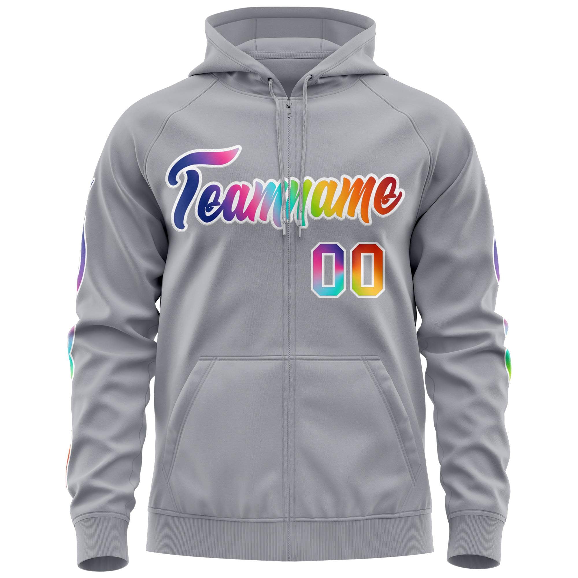 Custom Stitched Gray White Sports Full-Zip Sweatshirt Hoodie with Colored Flames