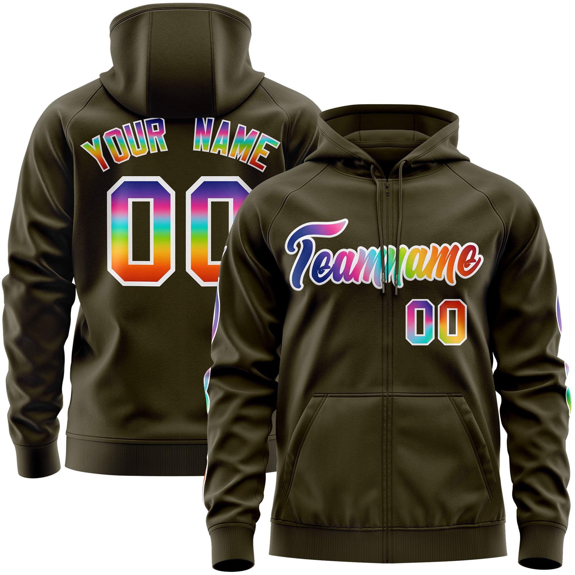 Custom Stitched Olive White Sports Full-Zip Sweatshirt Hoodie with Colored Flames