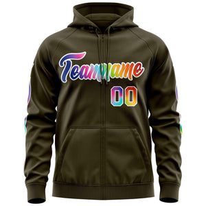 Custom Stitched Olive White Sports Full-Zip Sweatshirt Hoodie with Colored Flames