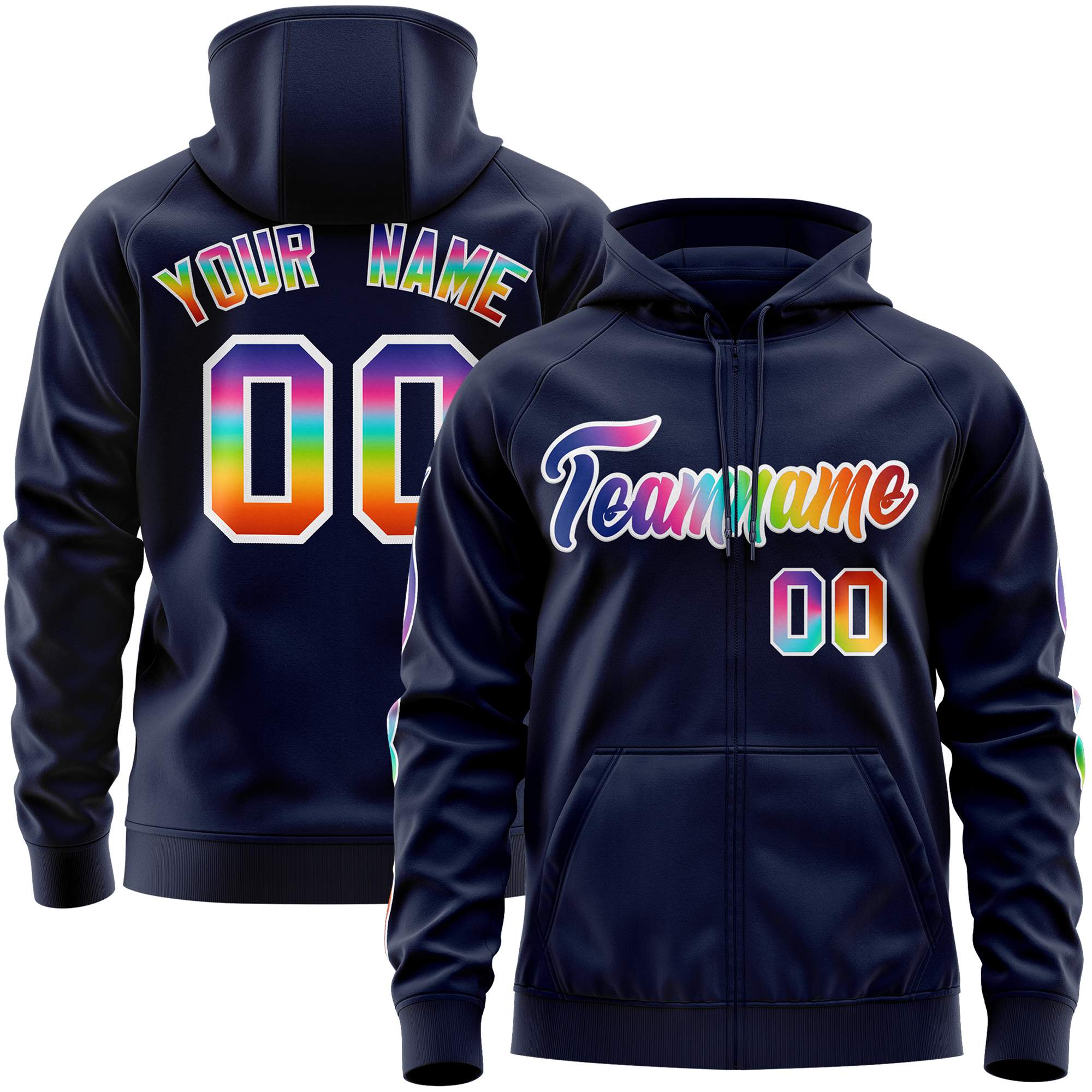 Custom Stitched Navy White Sports Full-Zip Sweatshirt Hoodie with Colored Flames