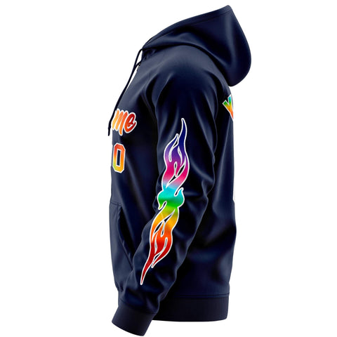 Custom Stitched Navy White Sports Full-Zip Sweatshirt Hoodie with Colored Flames