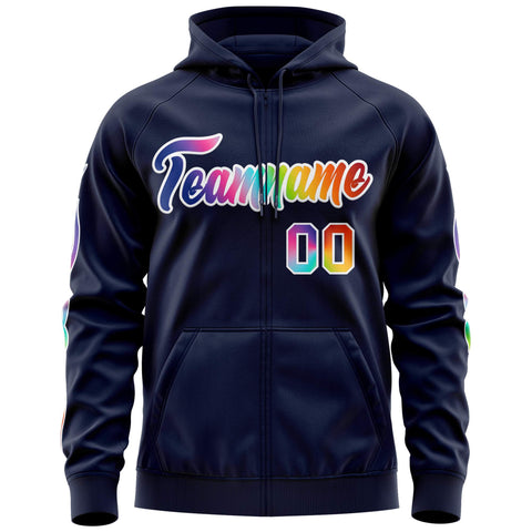 Custom Stitched Navy White Sports Full-Zip Sweatshirt Hoodie with Colored Flames