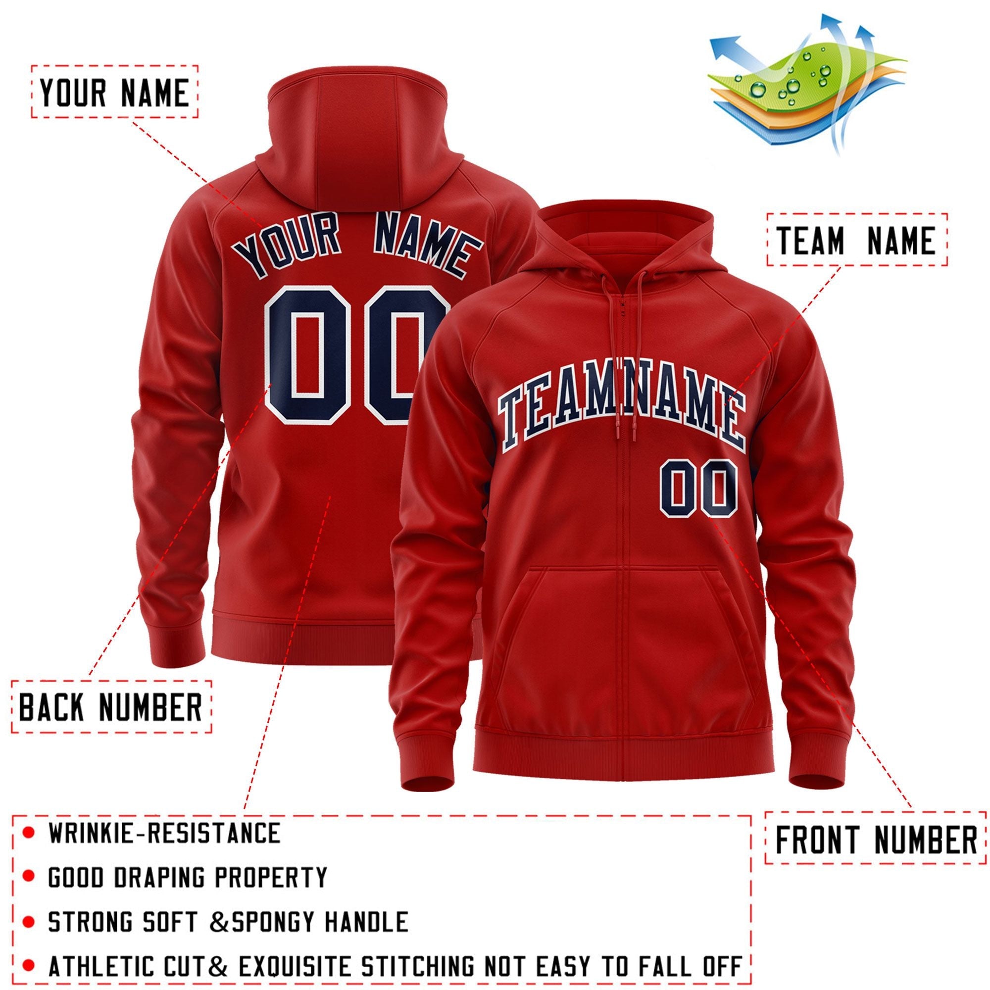 Custom Stitched Red Navy-White Sports Full-Zip Sweatshirt Hoodie