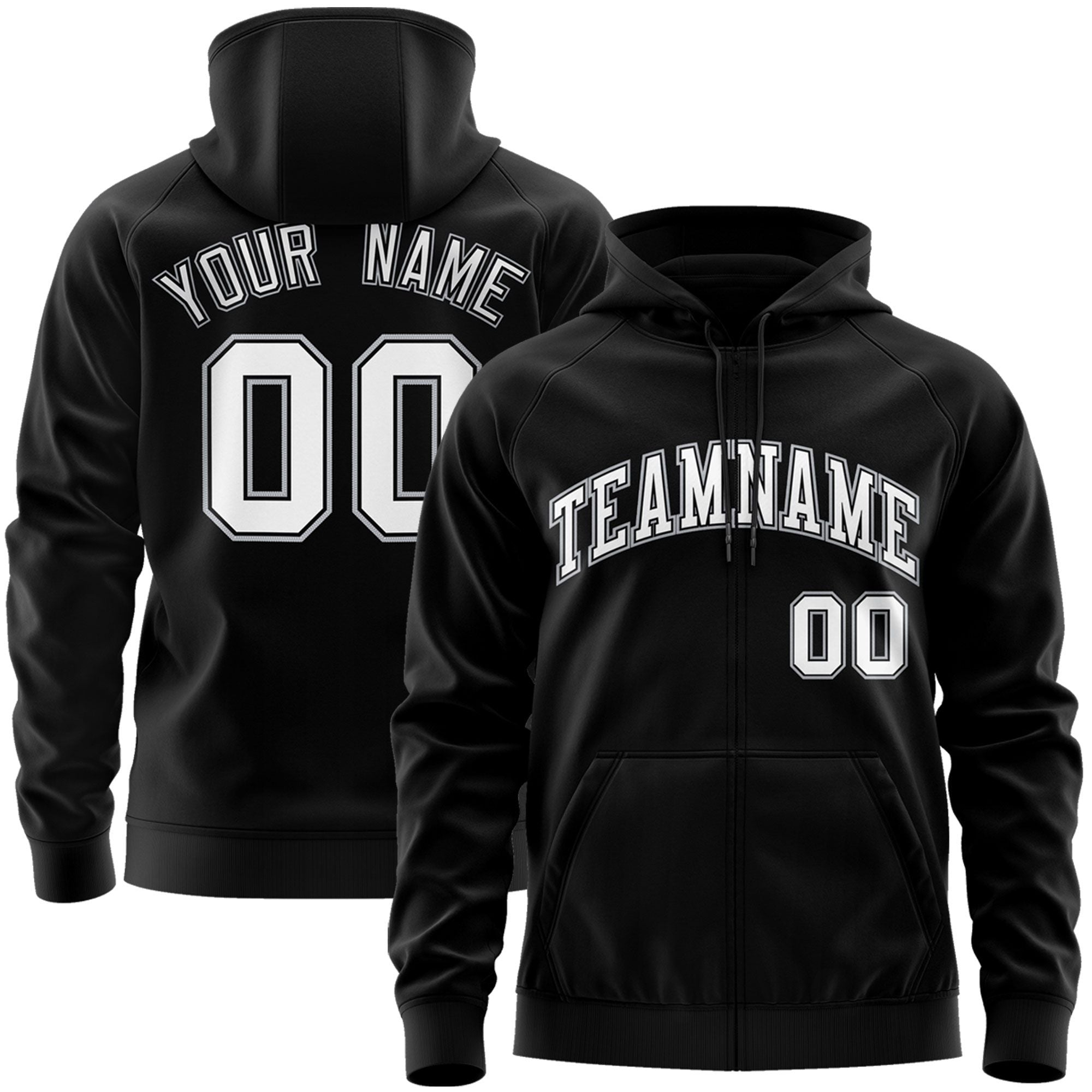 Custom Stitched Black White Sports Full-Zip Sweatshirt Hoodie