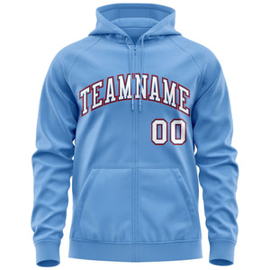 Custom Stitched Light Blue White-Red Sports Full-Zip Sweatshirt Hoodie