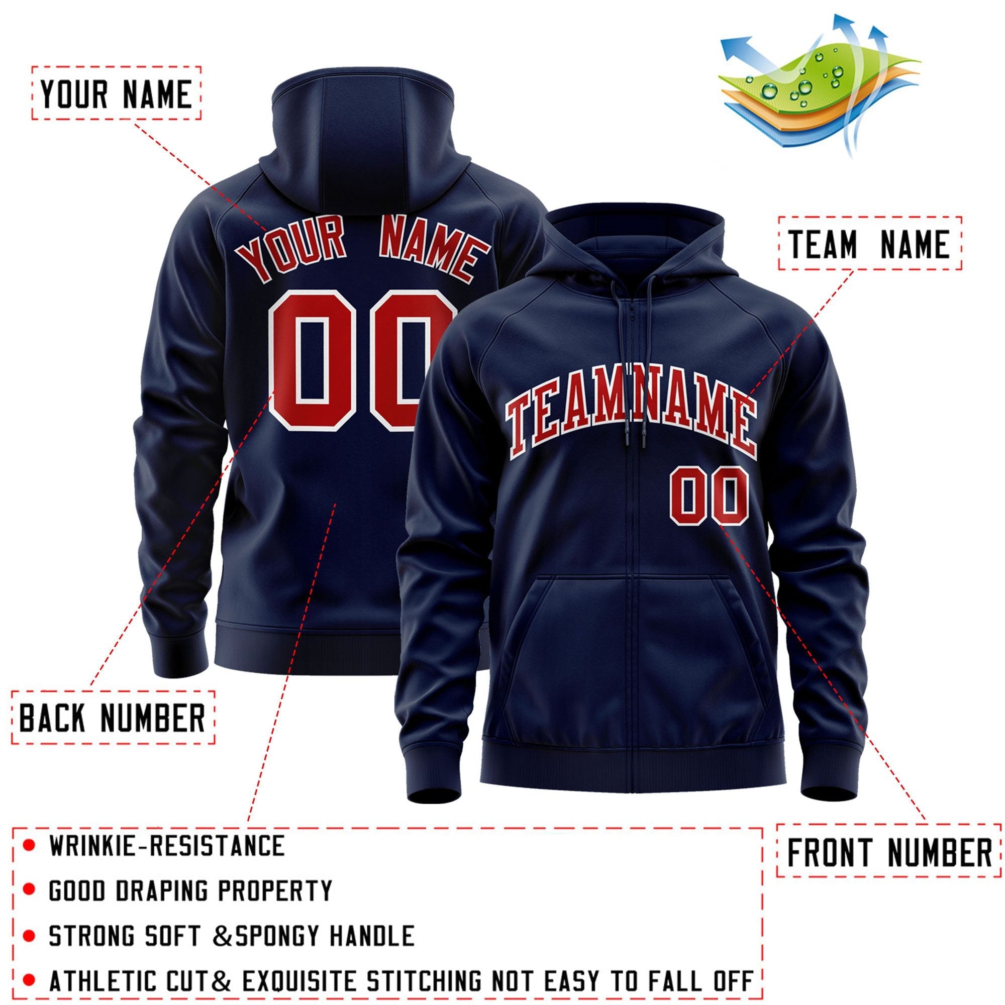 Custom Stitched Navy Red-White Sports Full-Zip Sweatshirt Hoodie