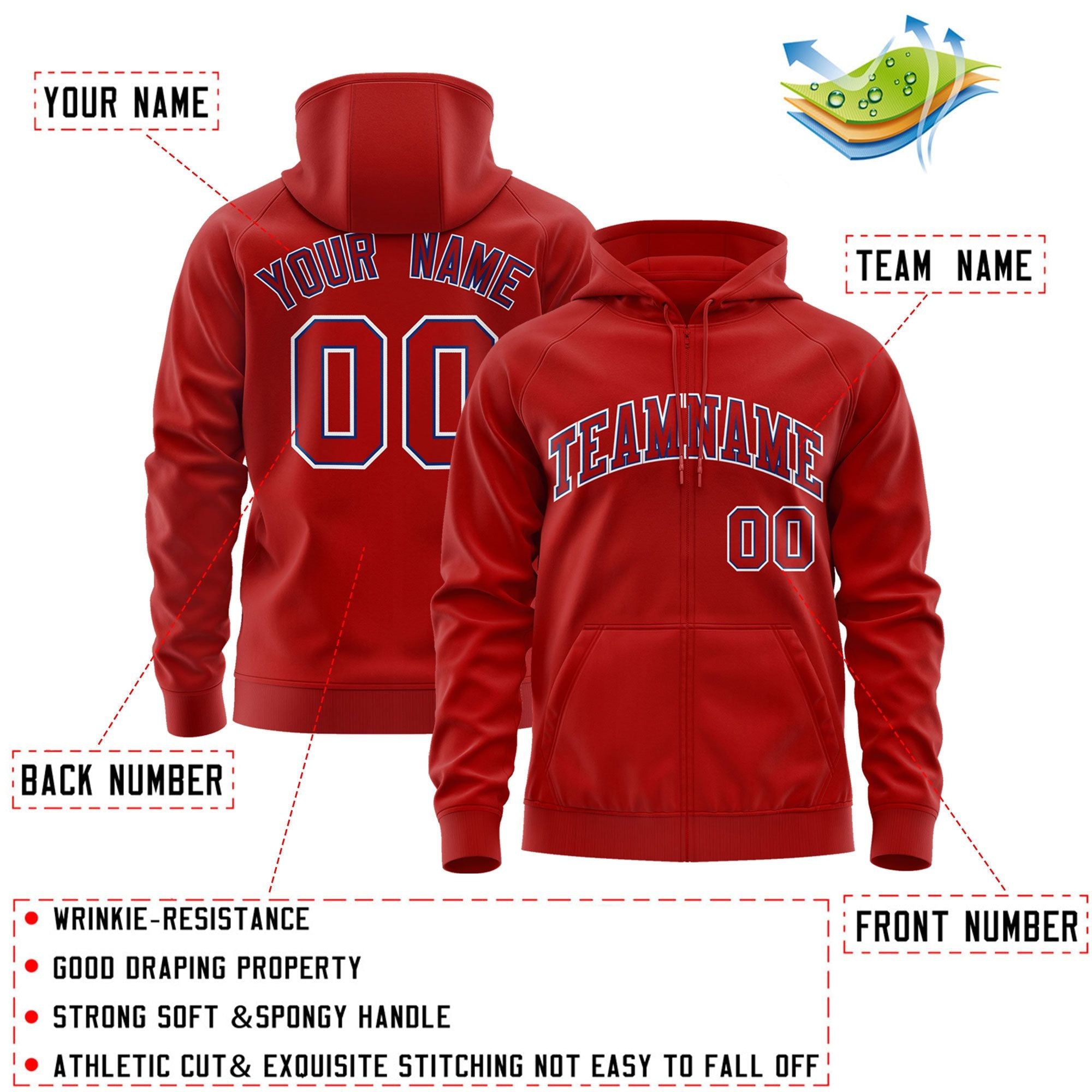 Custom Stitched Red Royal-White Sports Full-Zip Sweatshirt Hoodie