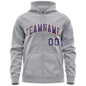 Custom Stitched Gray Royal-White Sports Full-Zip Sweatshirt Hoodie