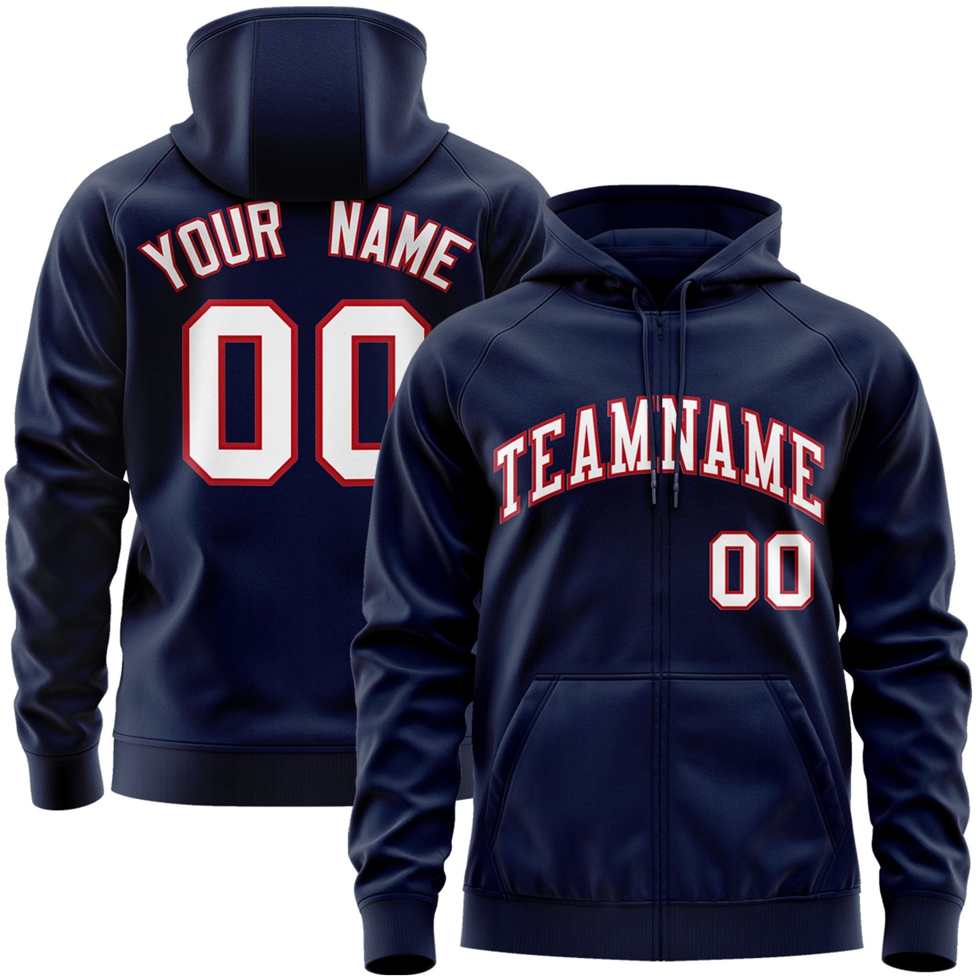 Custom Stitched Navy White-Red Sports Full-Zip Sweatshirt Hoodie