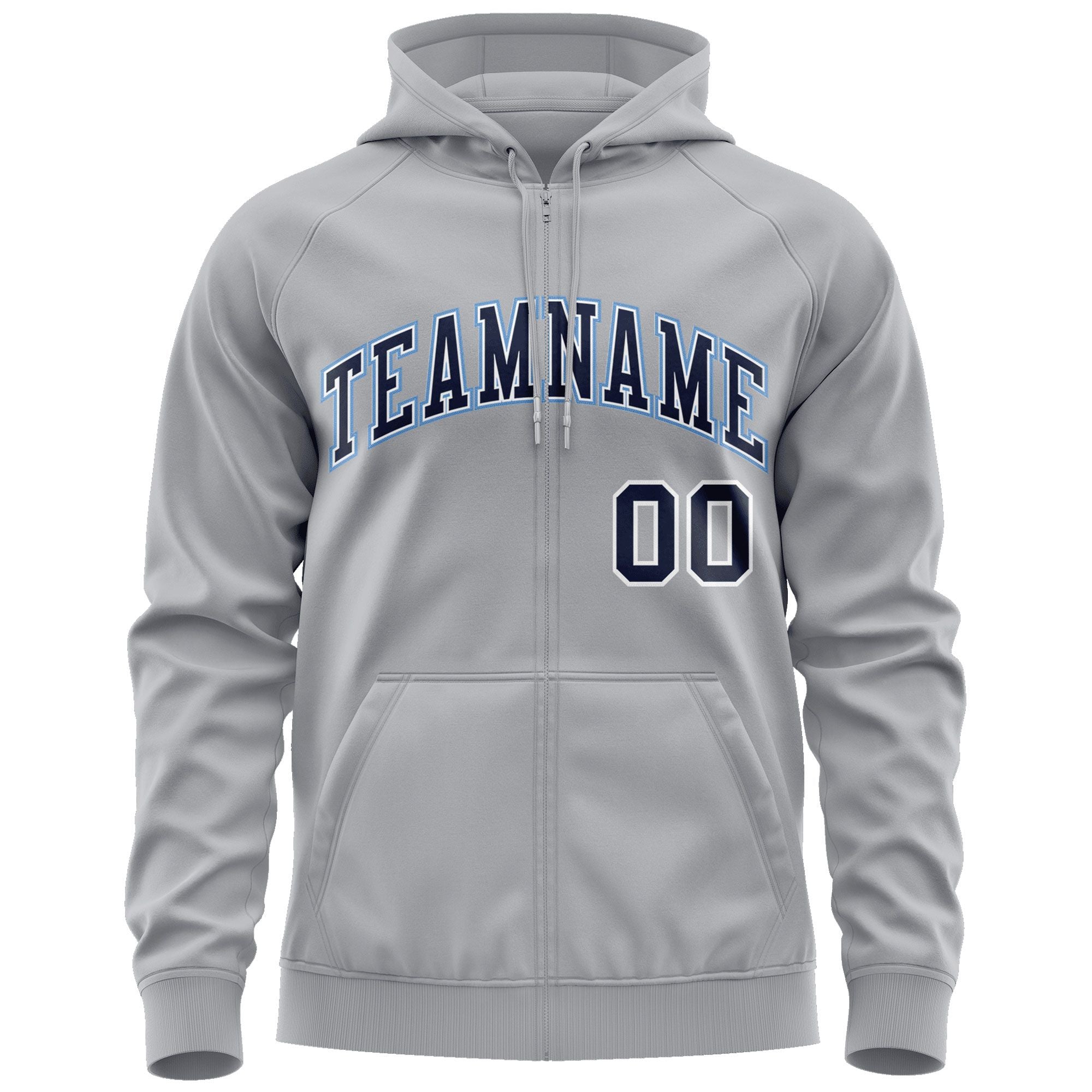 Custom Stitched Gray Navy-Light Blue Sports Full-Zip Sweatshirt Hoodie