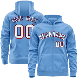 Custom Stitched Light Blue White-Red Sports Full-Zip Sweatshirt Hoodie