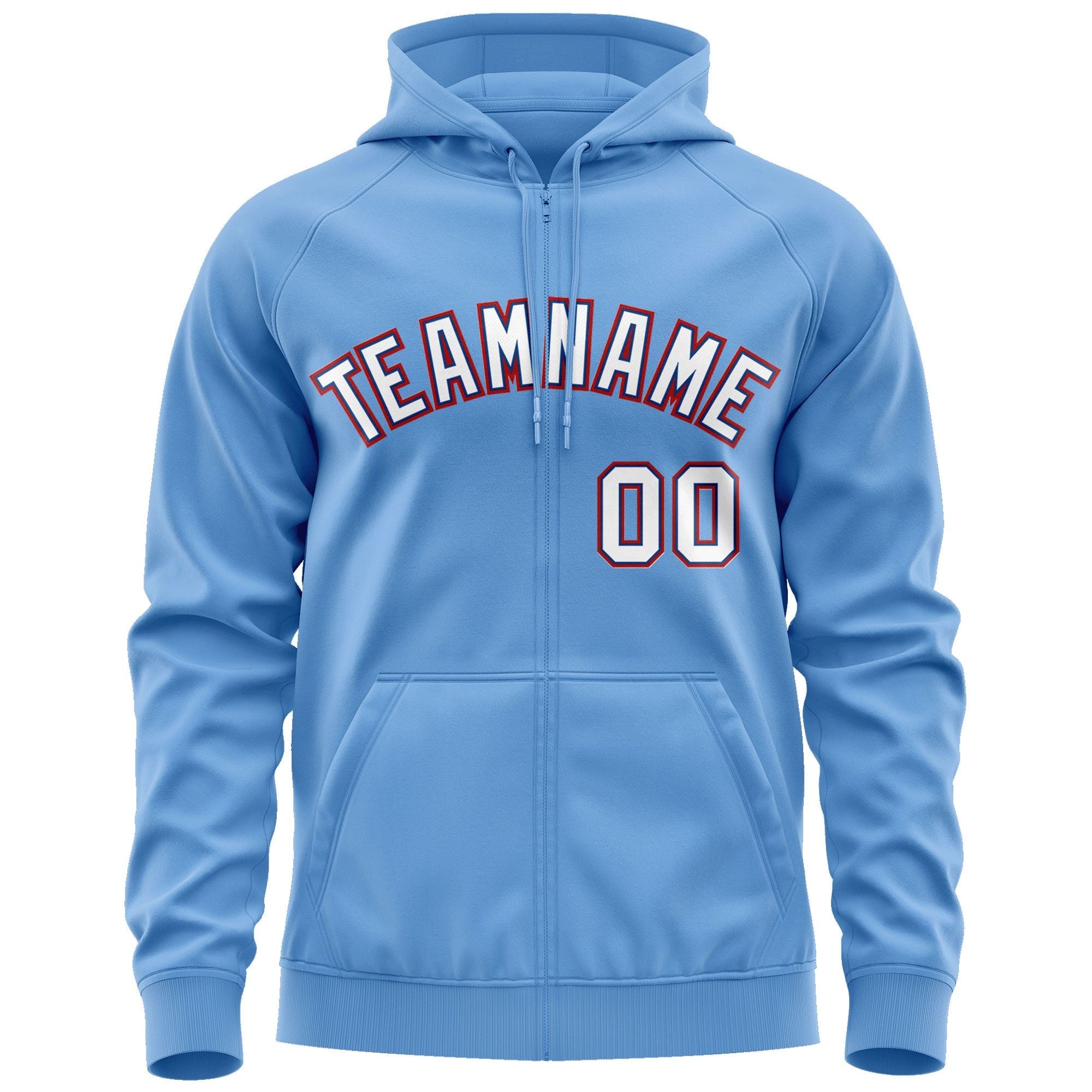 Custom Stitched Light Blue White-Red Sports Full-Zip Sweatshirt Hoodie