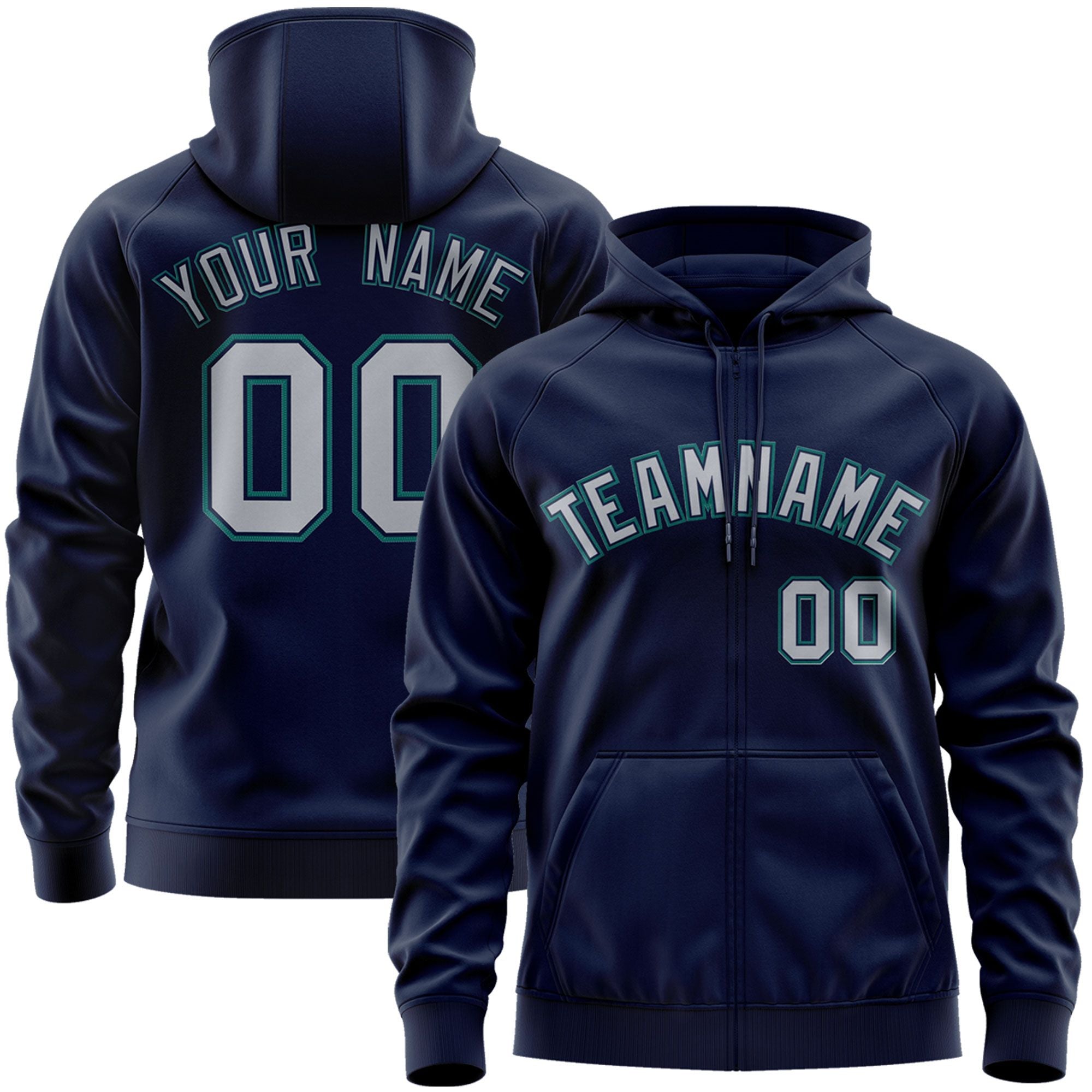 Custom Stitched Navy Gray-Aqua Sports Full-Zip Sweatshirt Hoodie