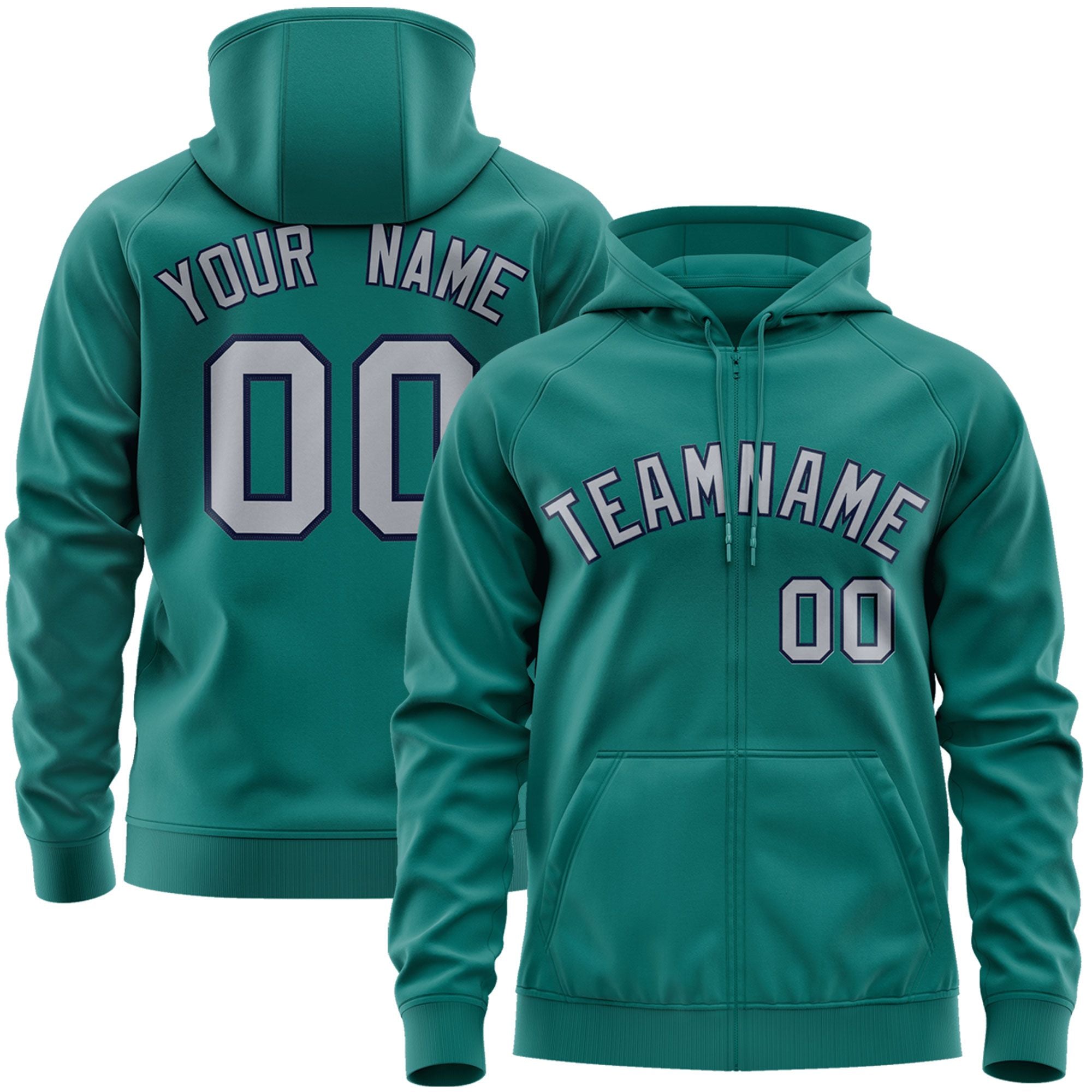 Custom Stitched Aqua Gray-Navy Sports Full-Zip Sweatshirt Hoodie