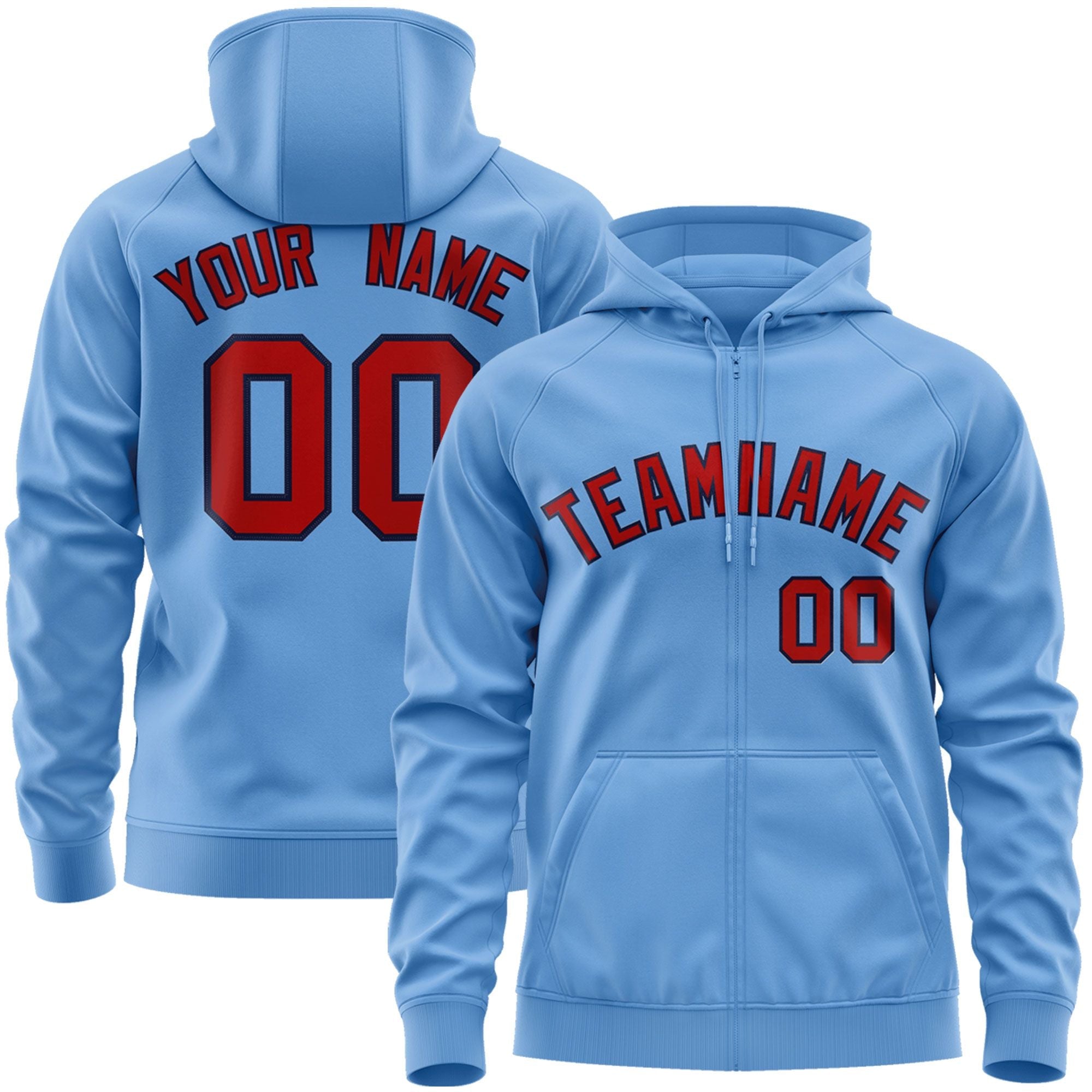 Custom Stitched Lt Blue Red-Navy Sports Full-Zip Sweatshirt Hoodie