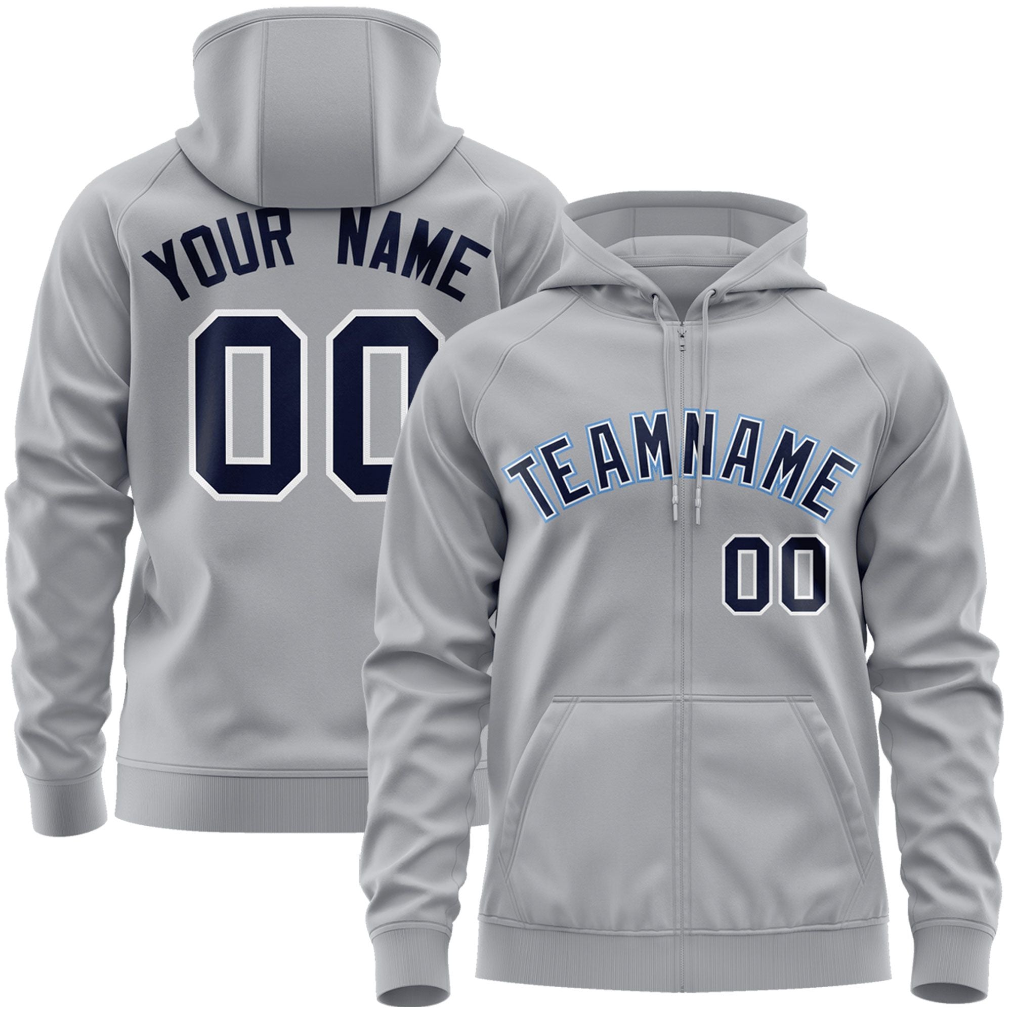 Custom Stitched Gray Navy-Light Blue Sports Full-Zip Sweatshirt Hoodie