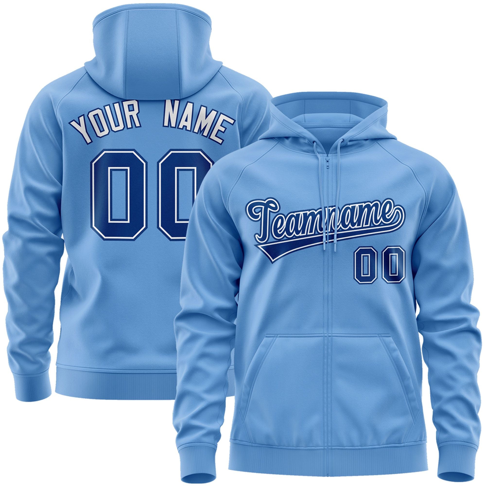 Custom Stitched Lt Blue Royal-White Sports Full-Zip Sweatshirt Hoodie