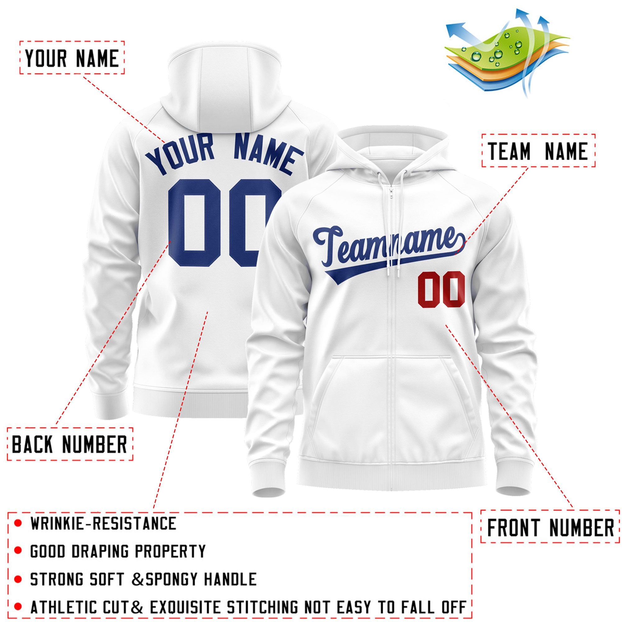 Custom Stitched White Royal Sports Full-Zip Sweatshirt Hoodie