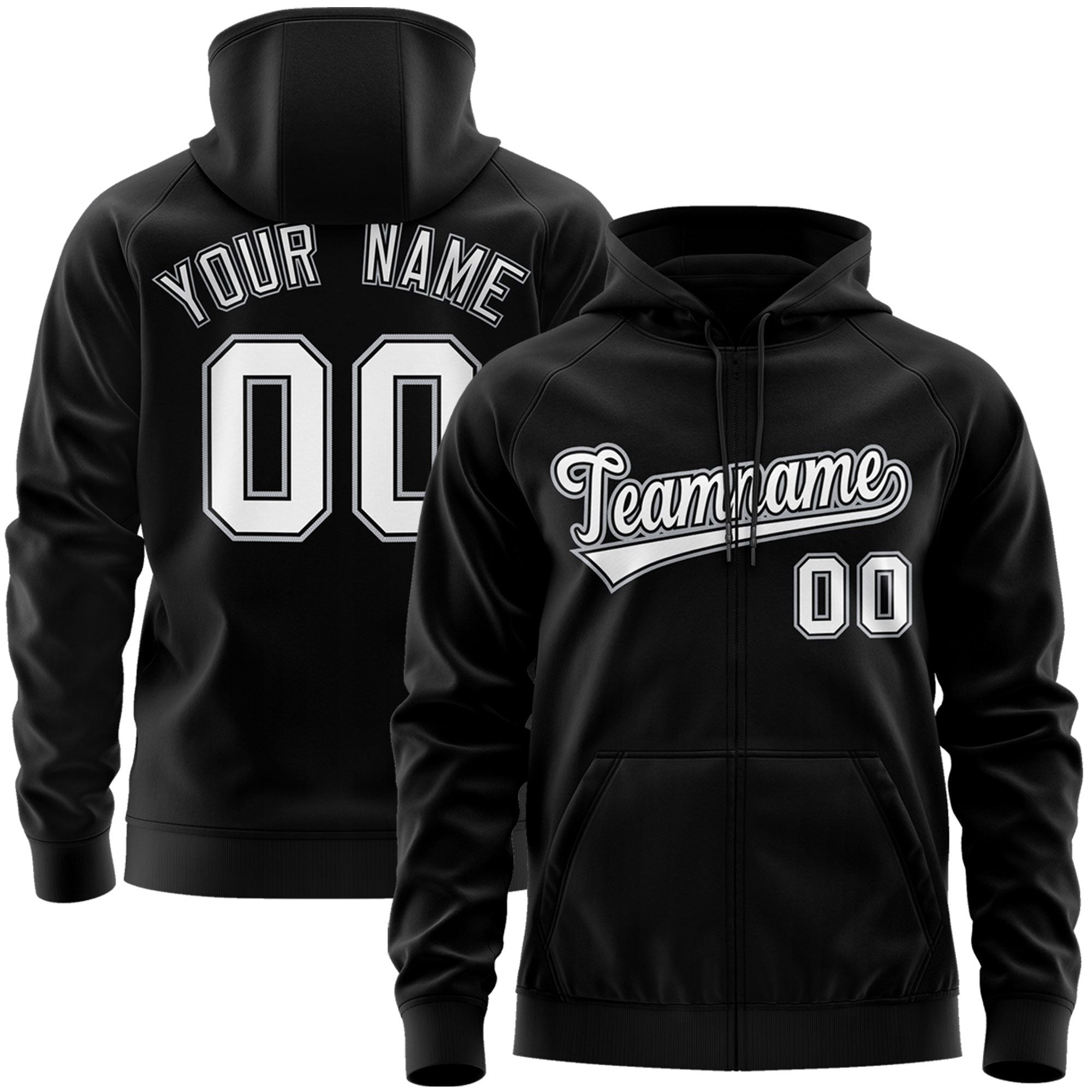 Custom Stitched Black White Sports Full-Zip Sweatshirt Hoodie