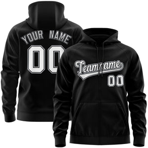 Custom Stitched Black White Sports Full-Zip Sweatshirt Hoodie