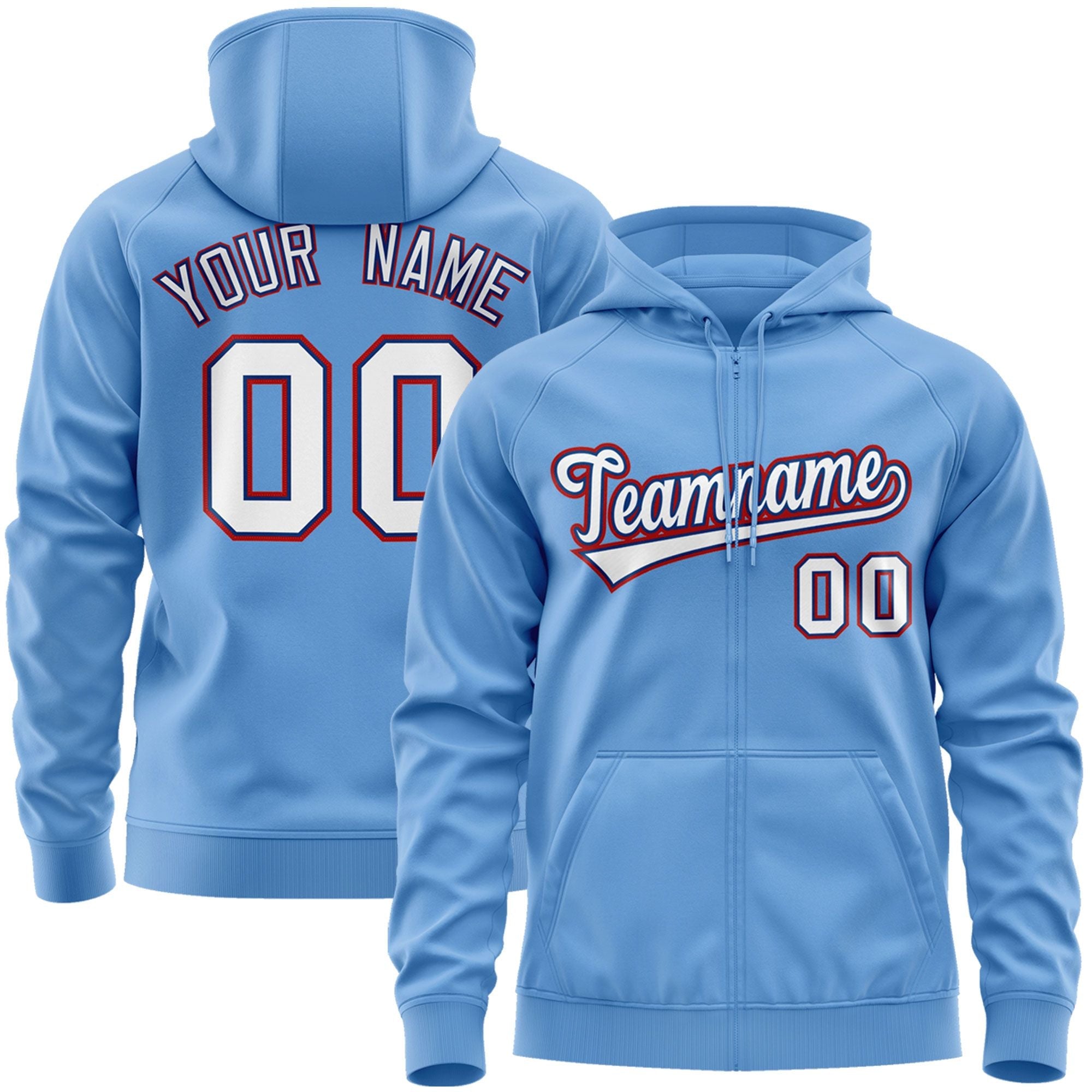 Custom Stitched Light Blue White-Red Sports Full-Zip Sweatshirt Hoodie