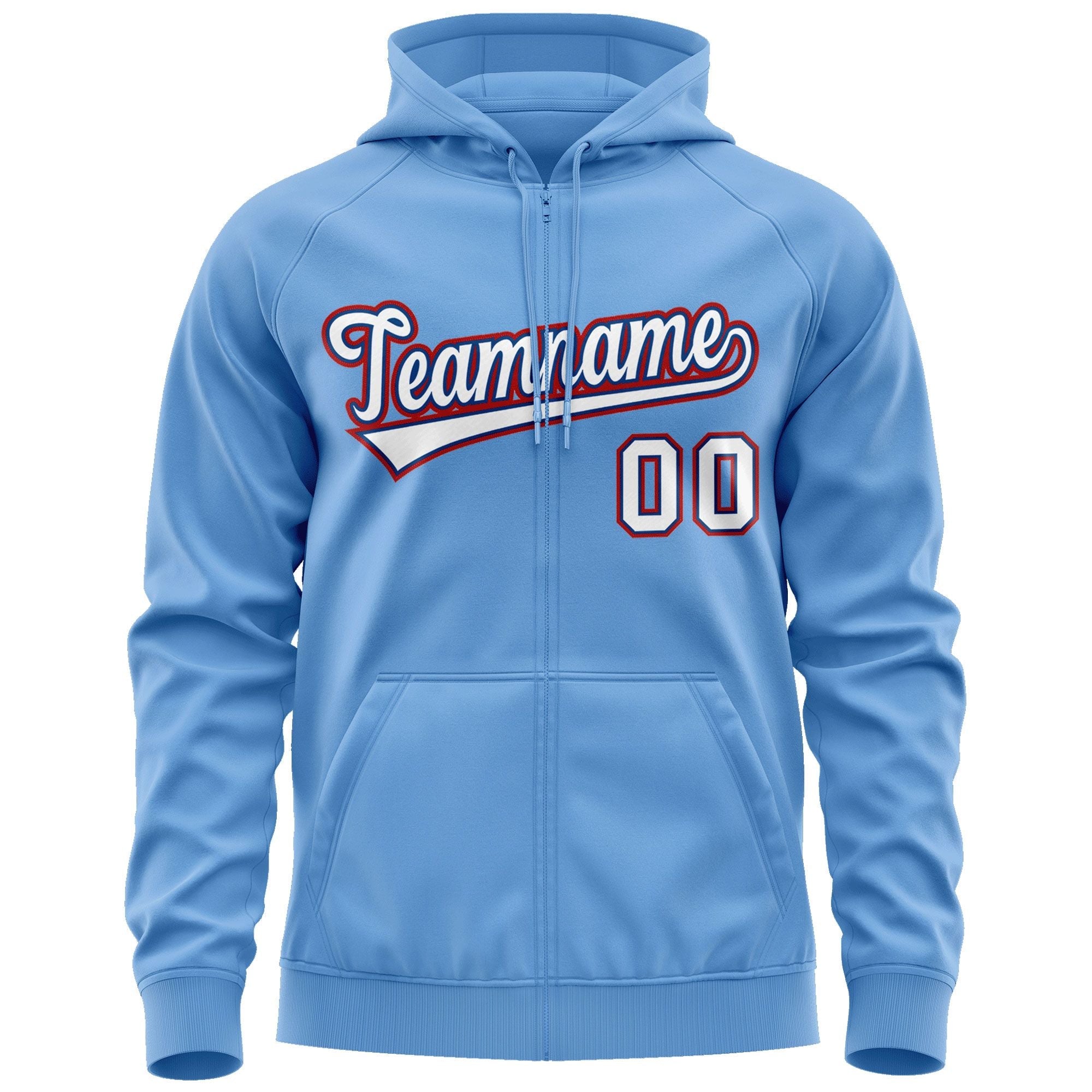 Custom Stitched Light Blue White-Red Sports Full-Zip Sweatshirt Hoodie