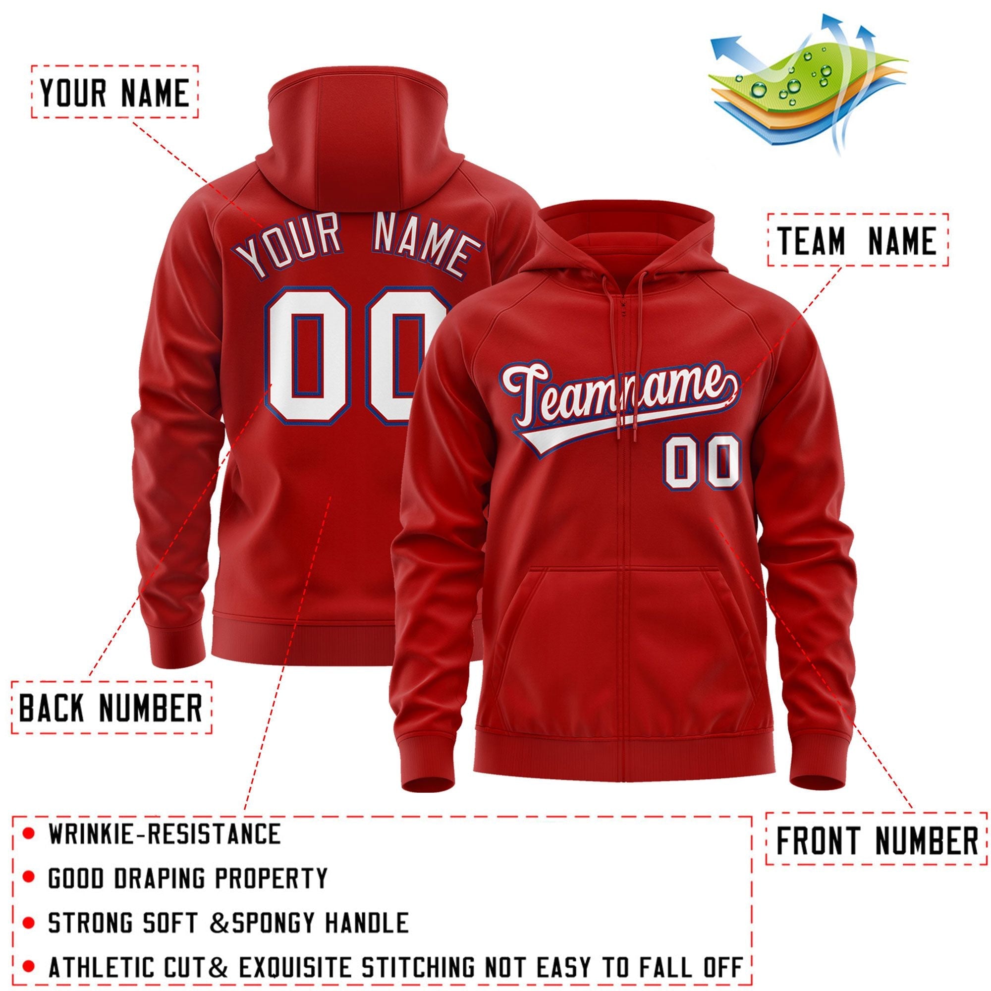 Custom Stitched Red White-Royal Sports Full-Zip Sweatshirt Hoodie