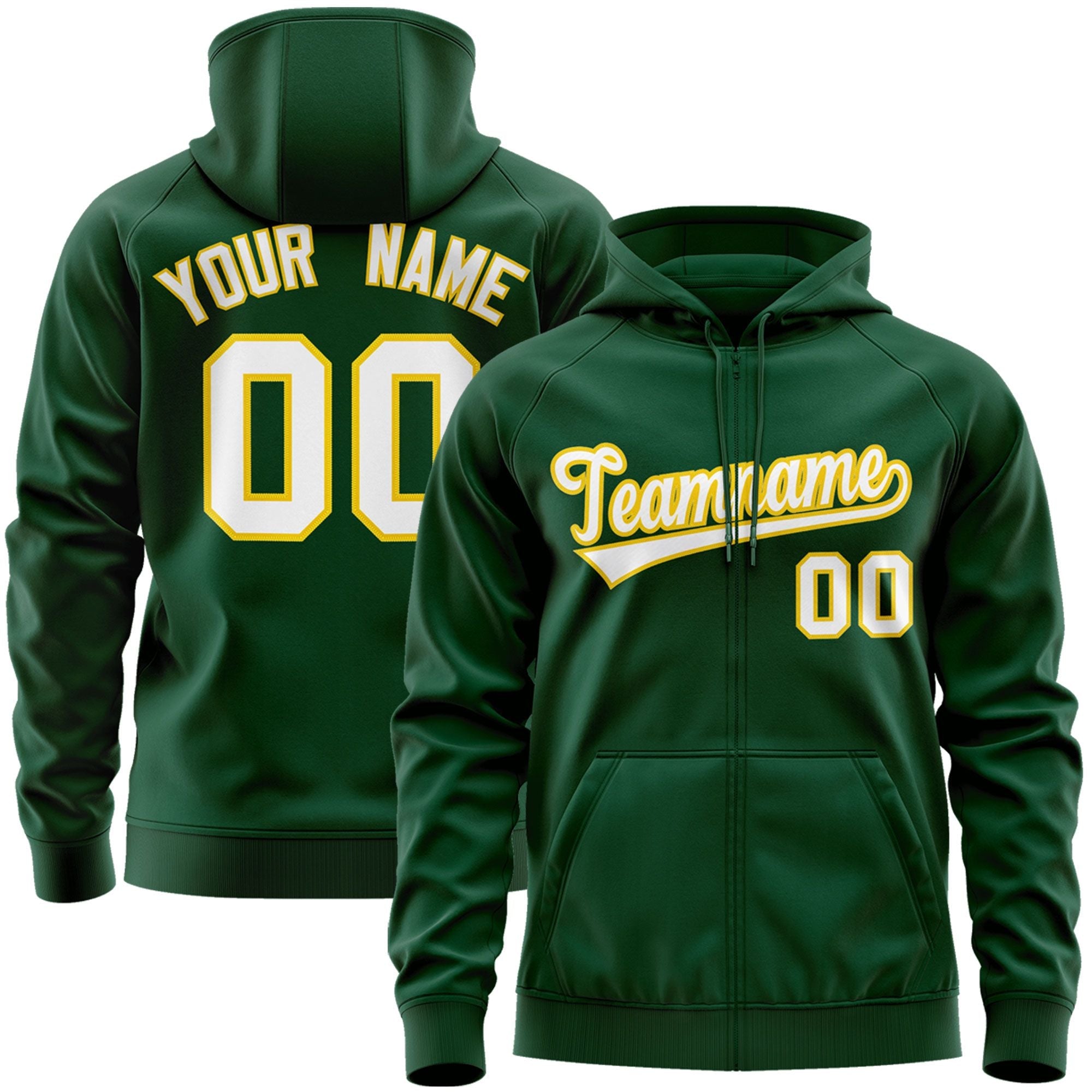 Custom Stitched Green White-Gold Sports Full-Zip Sweatshirt Hoodie