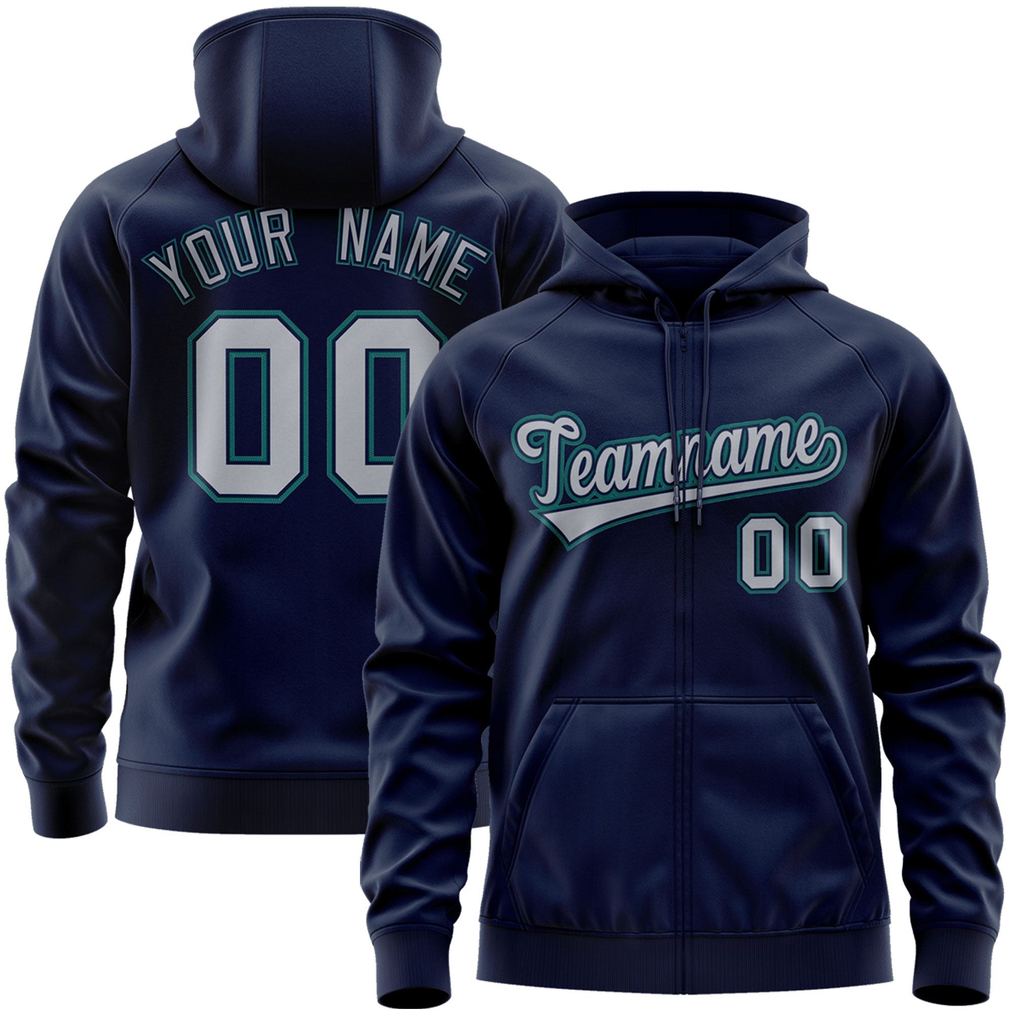 Custom Stitched Navy Gray-Aqua Sports Full-Zip Sweatshirt Hoodie