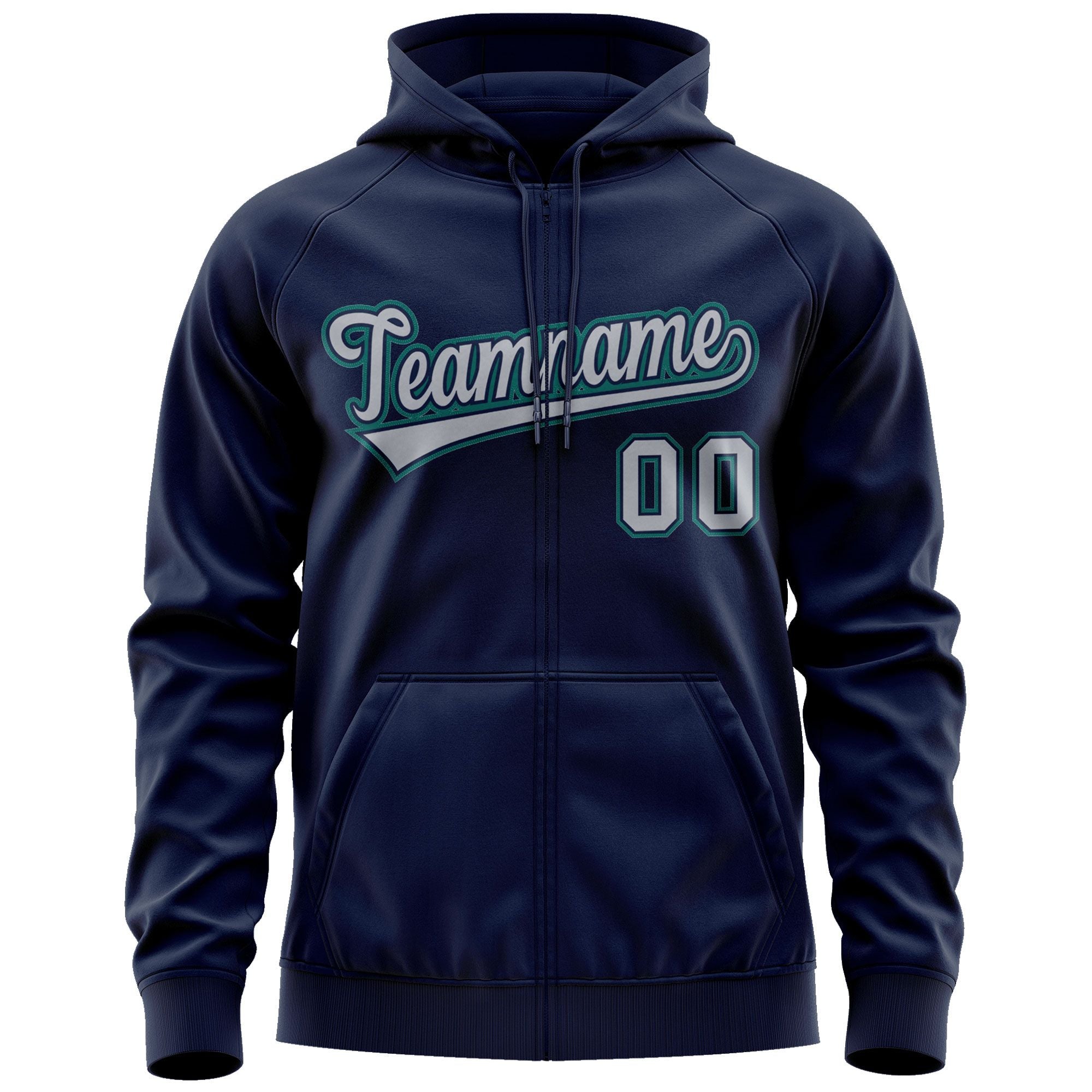 Custom Stitched Navy Gray-Aqua Sports Full-Zip Sweatshirt Hoodie