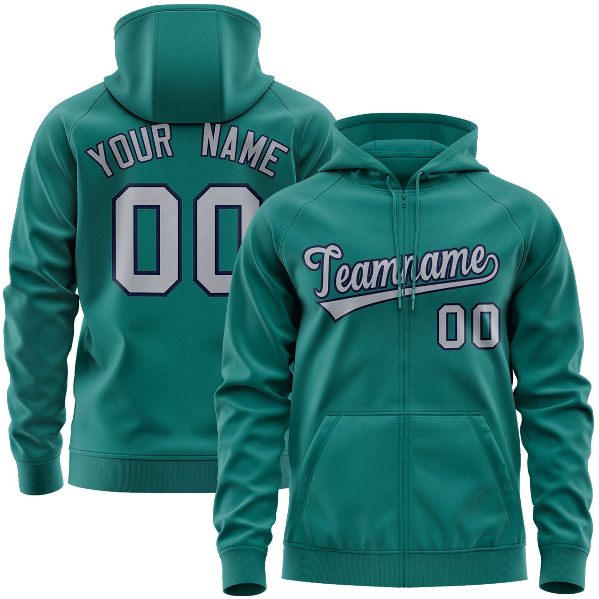 Custom Stitched Aqua Gray-Navy Sports Full-Zip Sweatshirt Hoodie