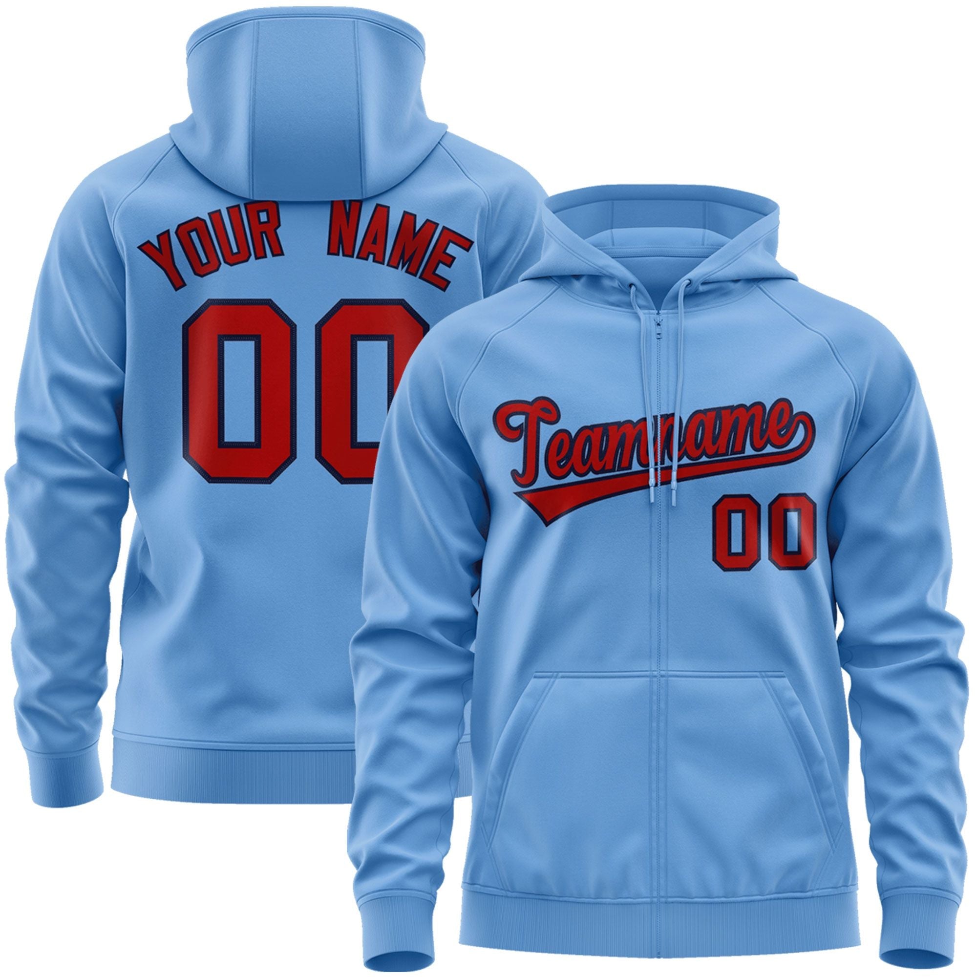 Custom Stitched Lt Blue Red-Navy Sports Full-Zip Sweatshirt Hoodie