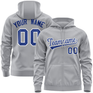 Custom Stitched Gray Royal-White Sports Full-Zip Sweatshirt Hoodie