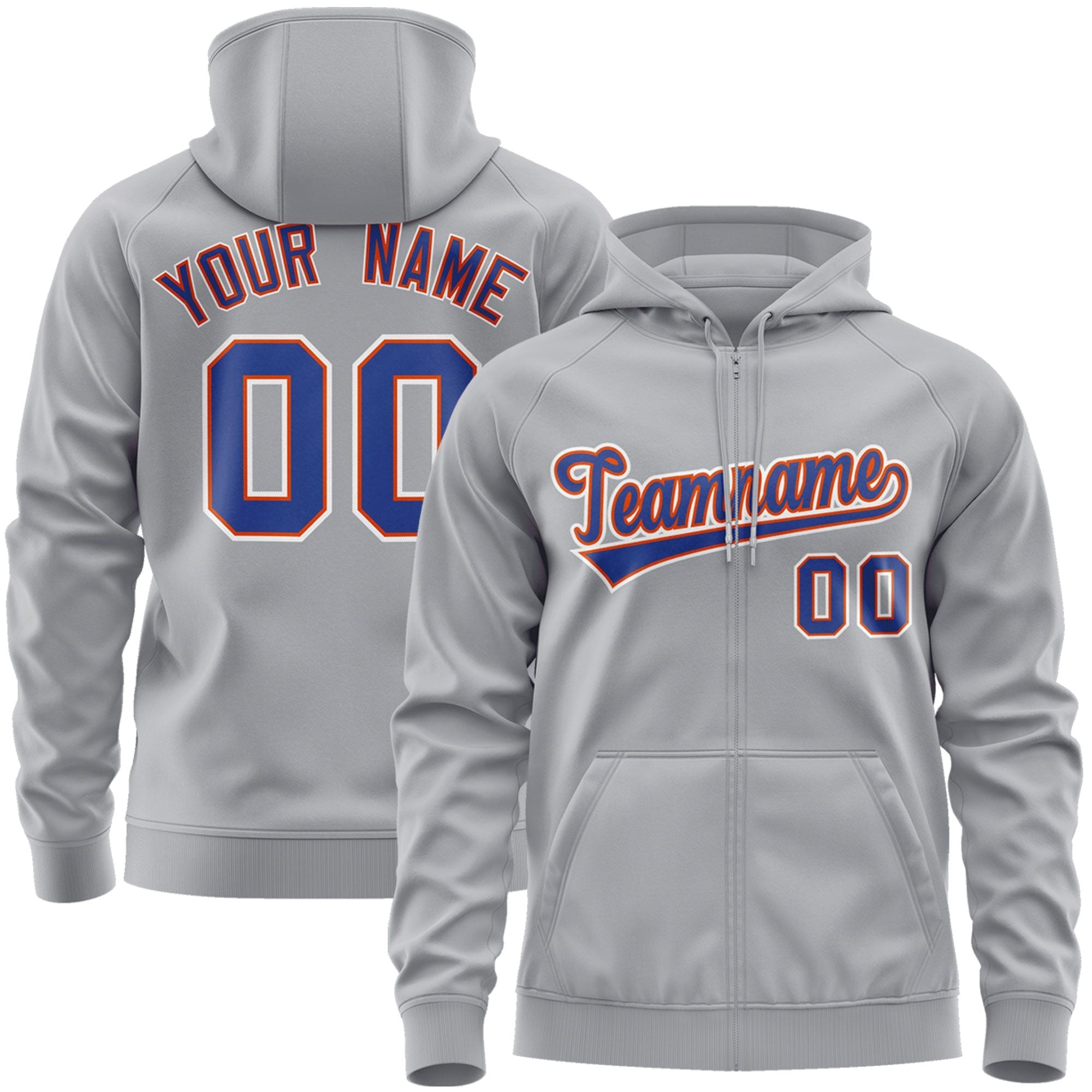 Custom Stitched Gray Royal-White Sports Full-Zip Sweatshirt Hoodie