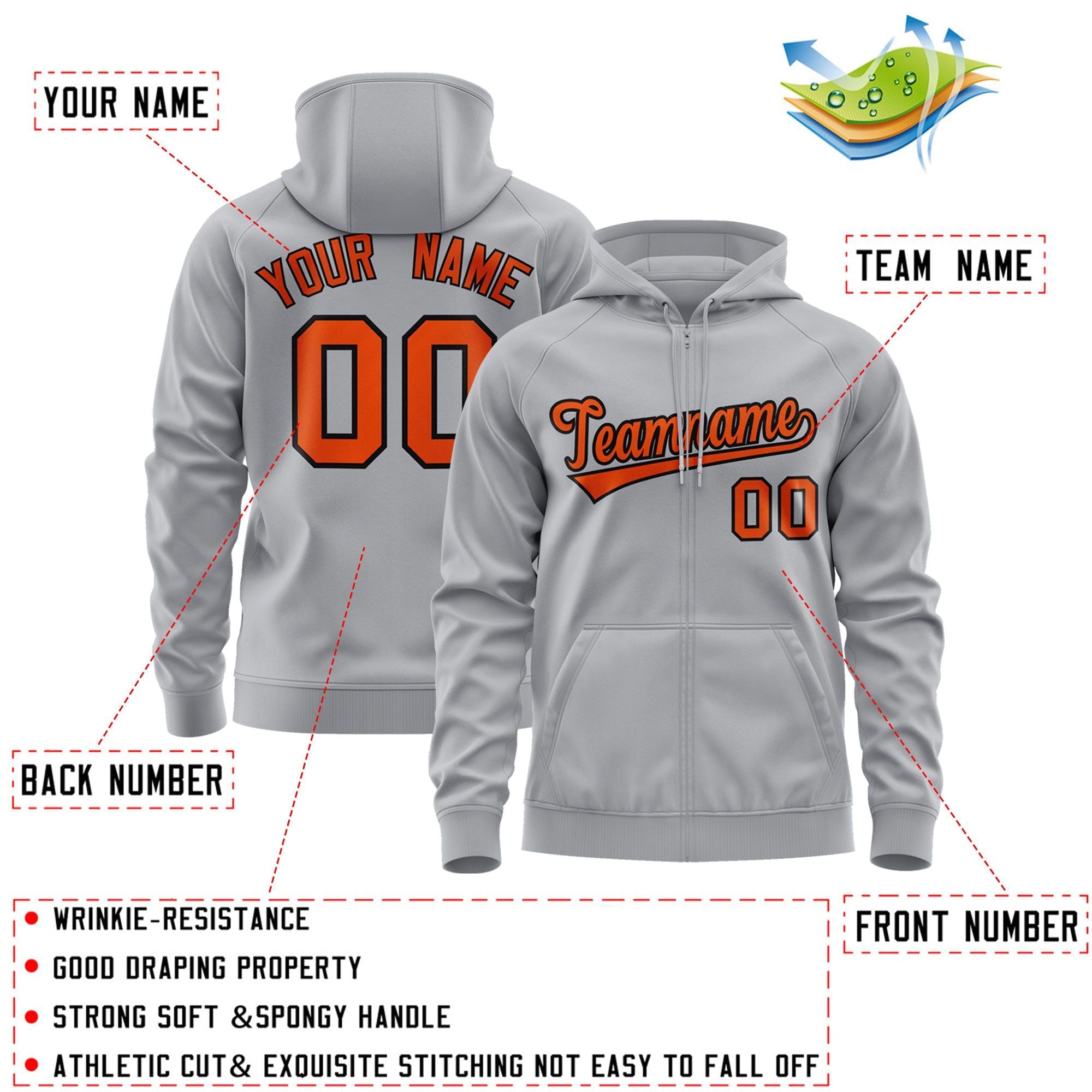 Custom Stitched Gray Orange-Black Sports Full-Zip Sweatshirt Hoodie