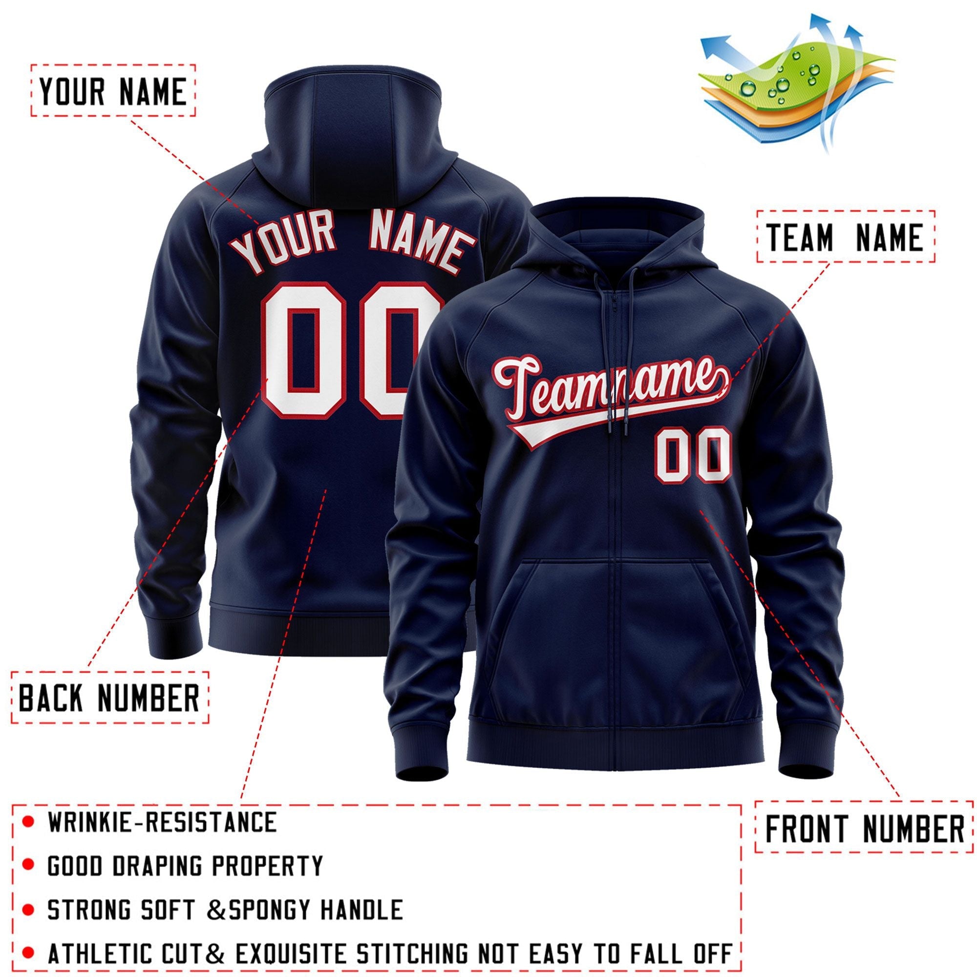 Custom Stitched Navy White-Red Sports Full-Zip Sweatshirt Hoodie