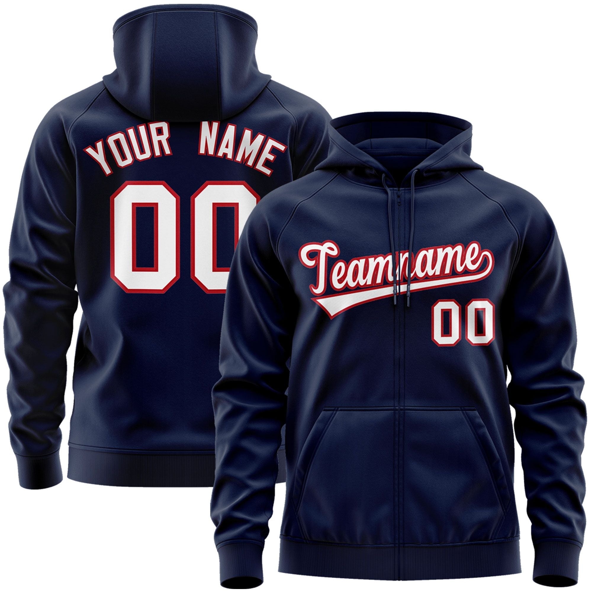 Custom Stitched Navy White-Red Sports Full-Zip Sweatshirt Hoodie