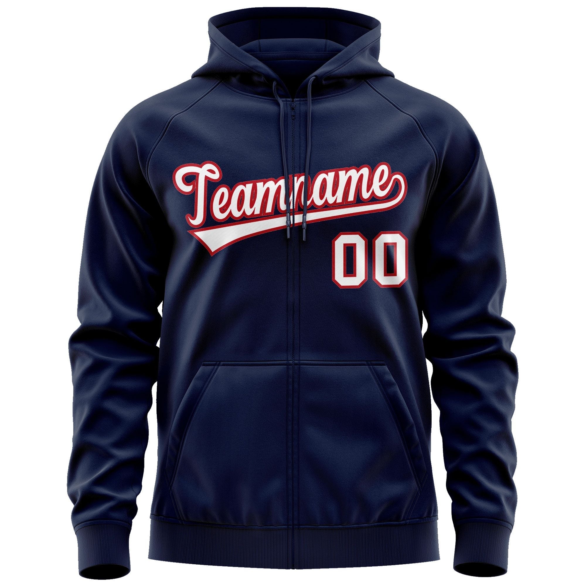 Custom Stitched Navy White-Red Sports Full-Zip Sweatshirt Hoodie