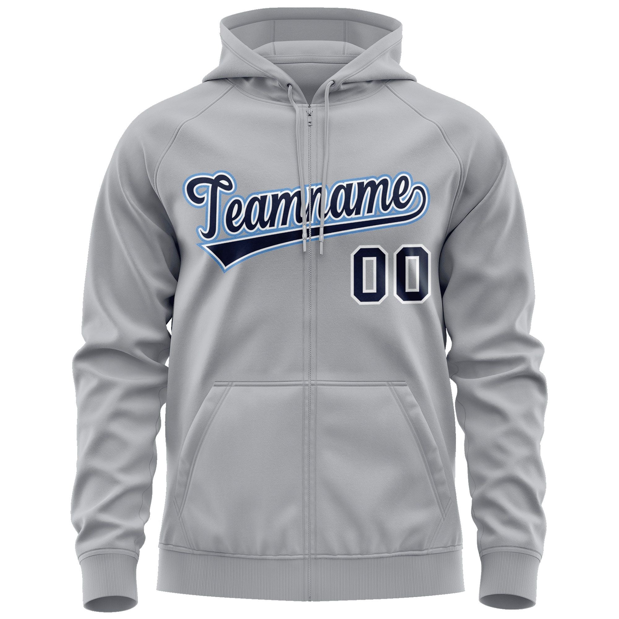 Custom Stitched Gray Navy-Light Blue Sports Full-Zip Sweatshirt Hoodie