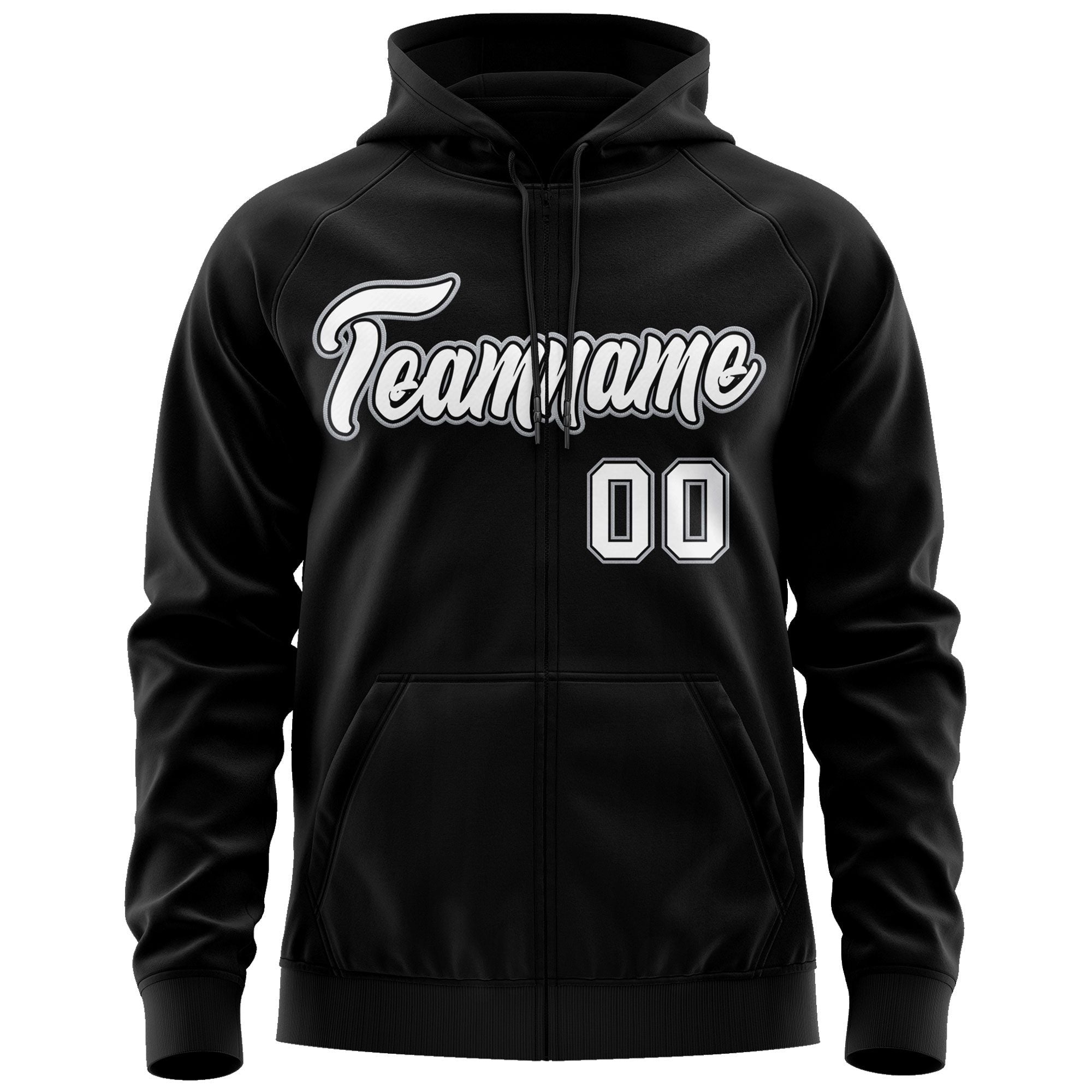 Custom Stitched Black White Sports Full-Zip Sweatshirt Hoodie