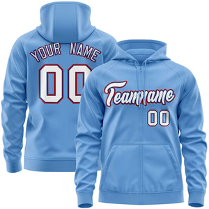 Custom Stitched Light Blue White-Red Sports Full-Zip Sweatshirt Hoodie