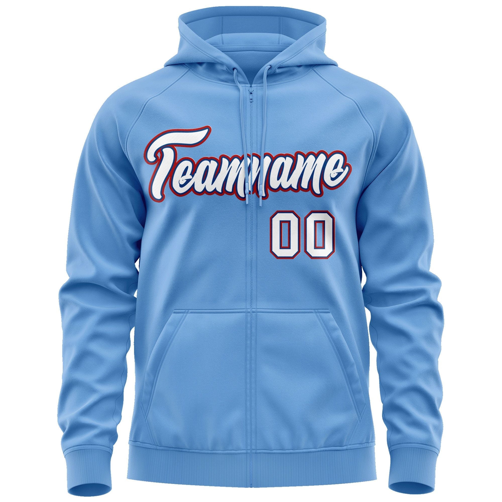 Custom Stitched Light Blue White-Red Sports Full-Zip Sweatshirt Hoodie