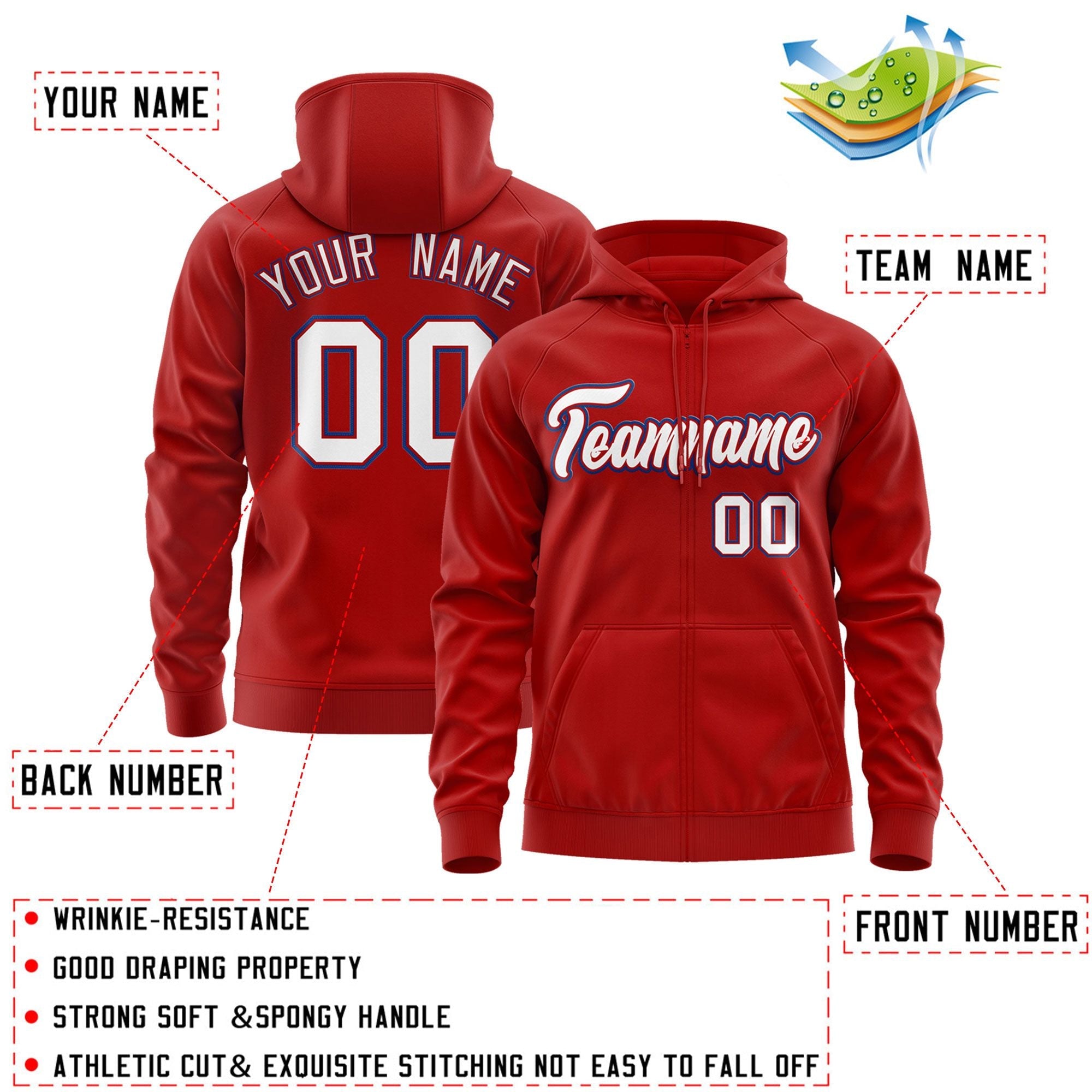 Custom Stitched Red White-Royal Sports Full-Zip Sweatshirt Hoodie